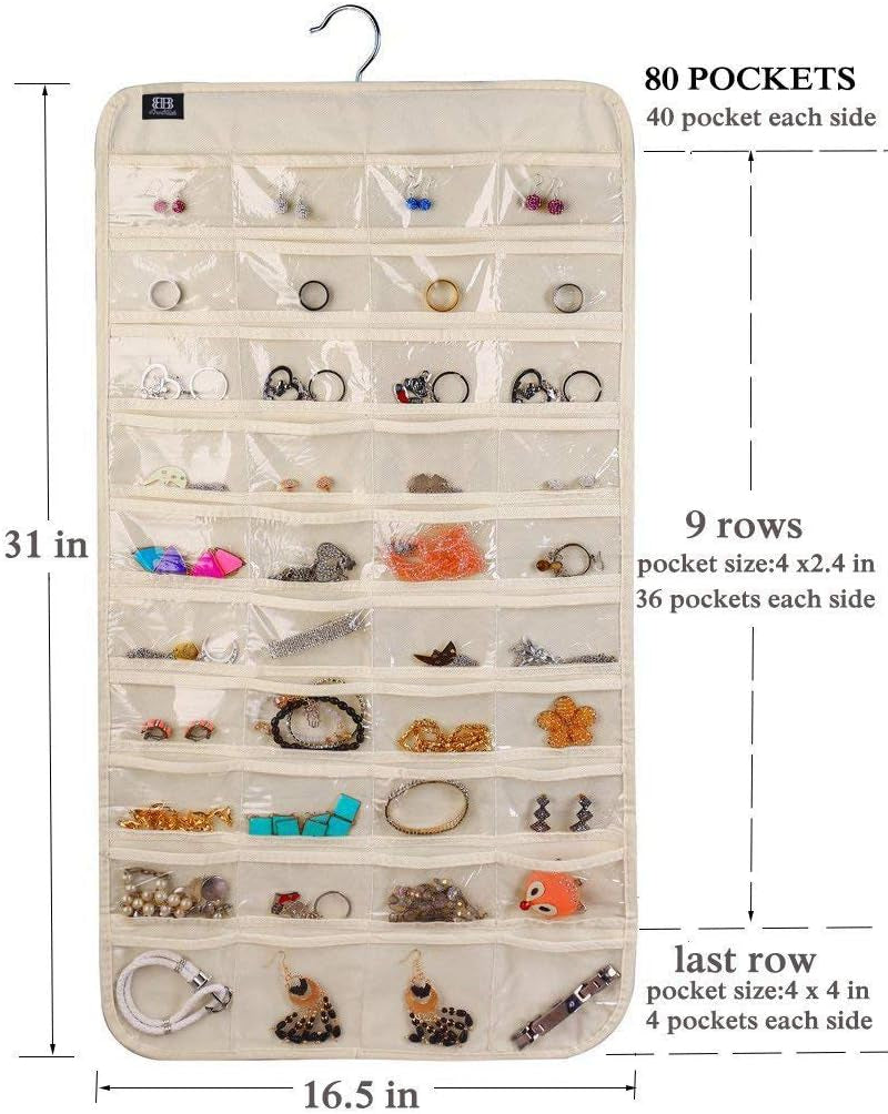 Hanging Jewelry Organizer,Accessories Organizer,80 Pocket Organizer for Holding Jewelries(Beige)