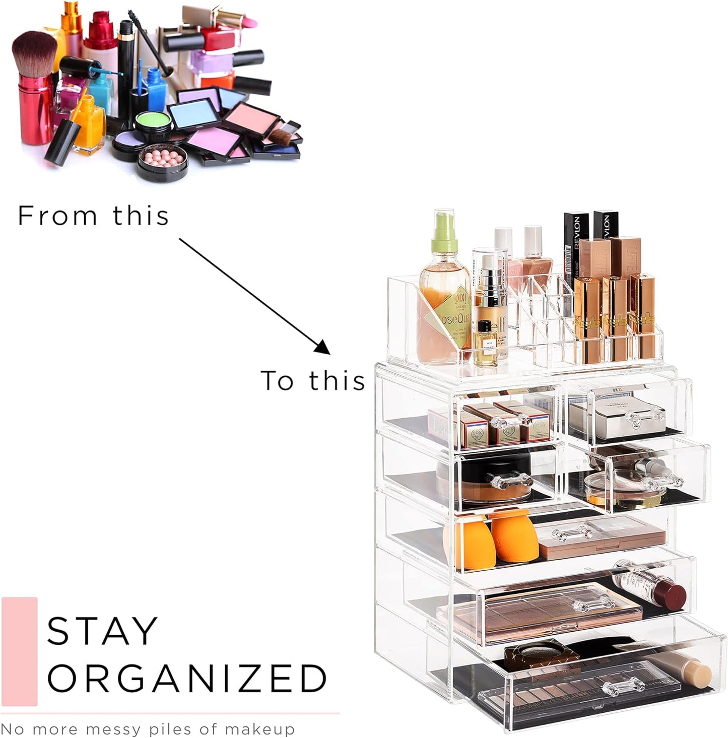 Acrylic Makeup Organizer Set, 7-Drawer Vanity & Countertop Cosmetic Storage with Small & Wide Compartments, Clear Makeup Storage for Brushes, Jewelry – Holiday Gift for Women & Teens