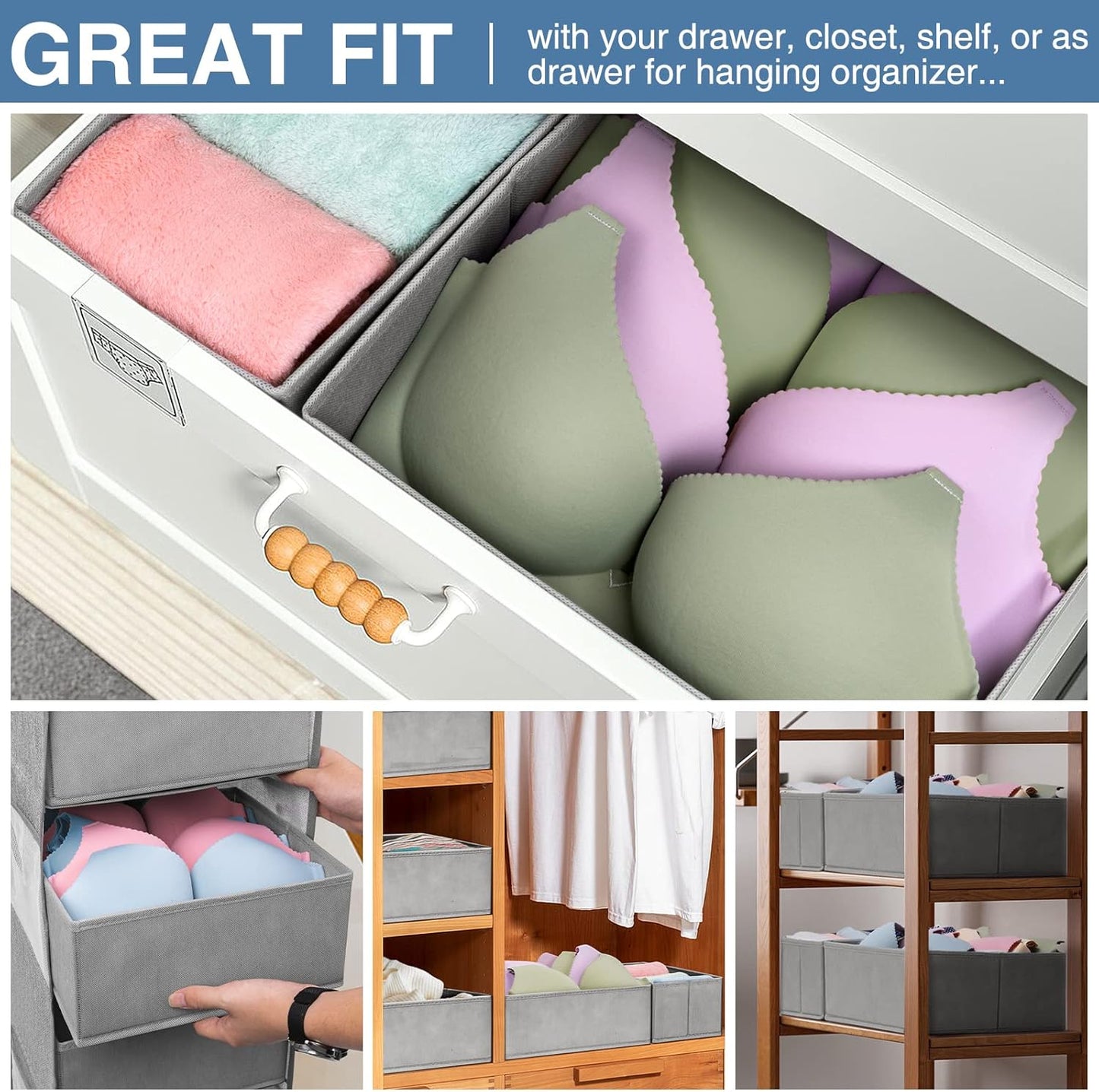 Drawer Organizer for Clothing, 12 Pack Sock Underwear Drawer Organizer Bins, Foldable Fabric Closet Organizers and Storage, Dresser Drawer Dividers for Baby Clothes, Bra, Scarves, Belt, Tie