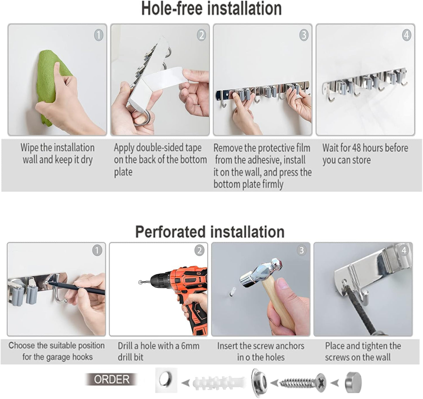 2 Pcs Mop Broom Holder Wall Mounted, Dustpan Holders, Stainless Steel Mop Hangers Organizer, Broom Rack, Utility Hook for Hanging Brooms and Mops(3 Racks 4 Hooks and 2 Racks 3 Hooks)