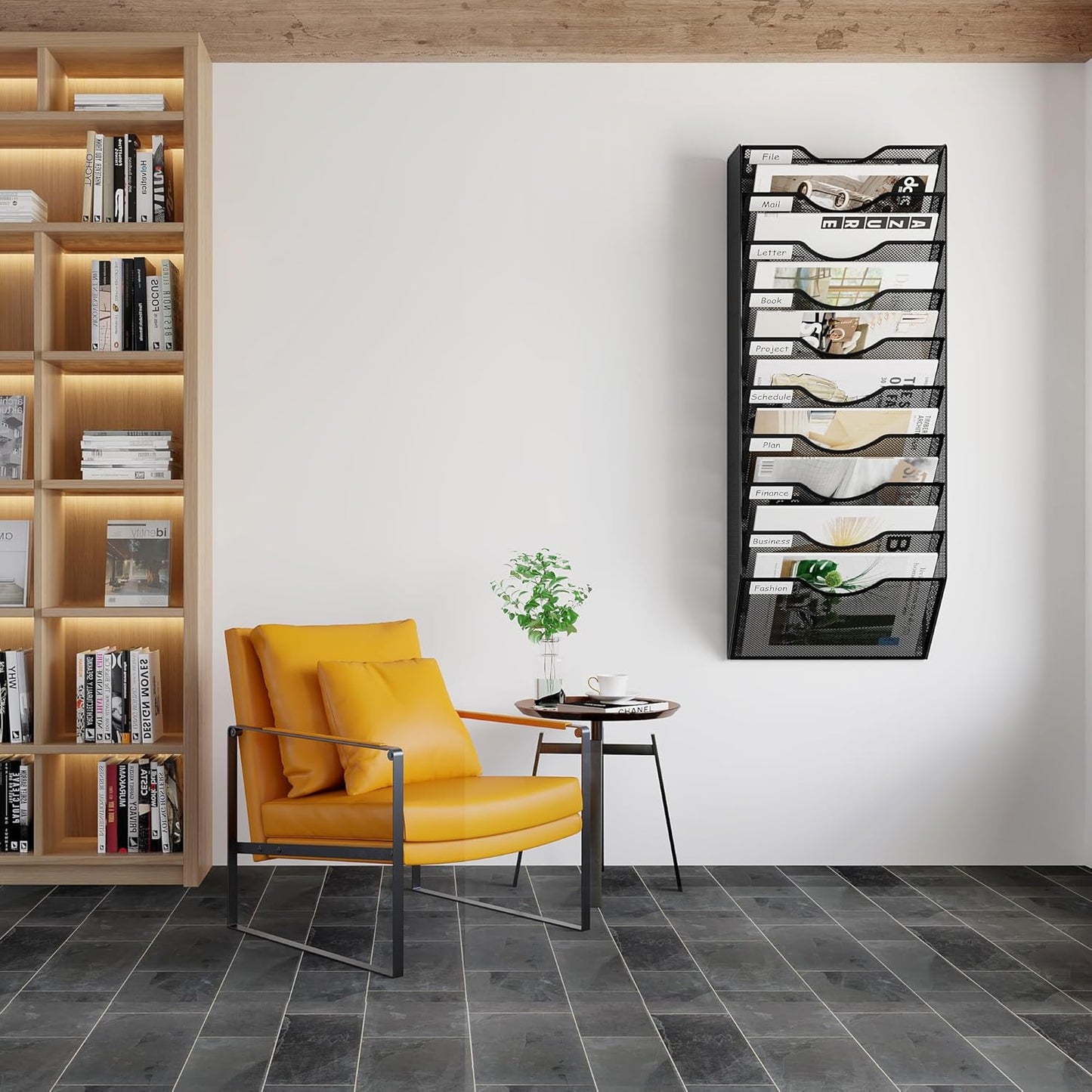 10 Pocket Mesh Wall File Organizer, Hanging Paper Folder Holder with Classify Label, Vertical Wall Mount Mail Organizer for Office Home Classroom, Black