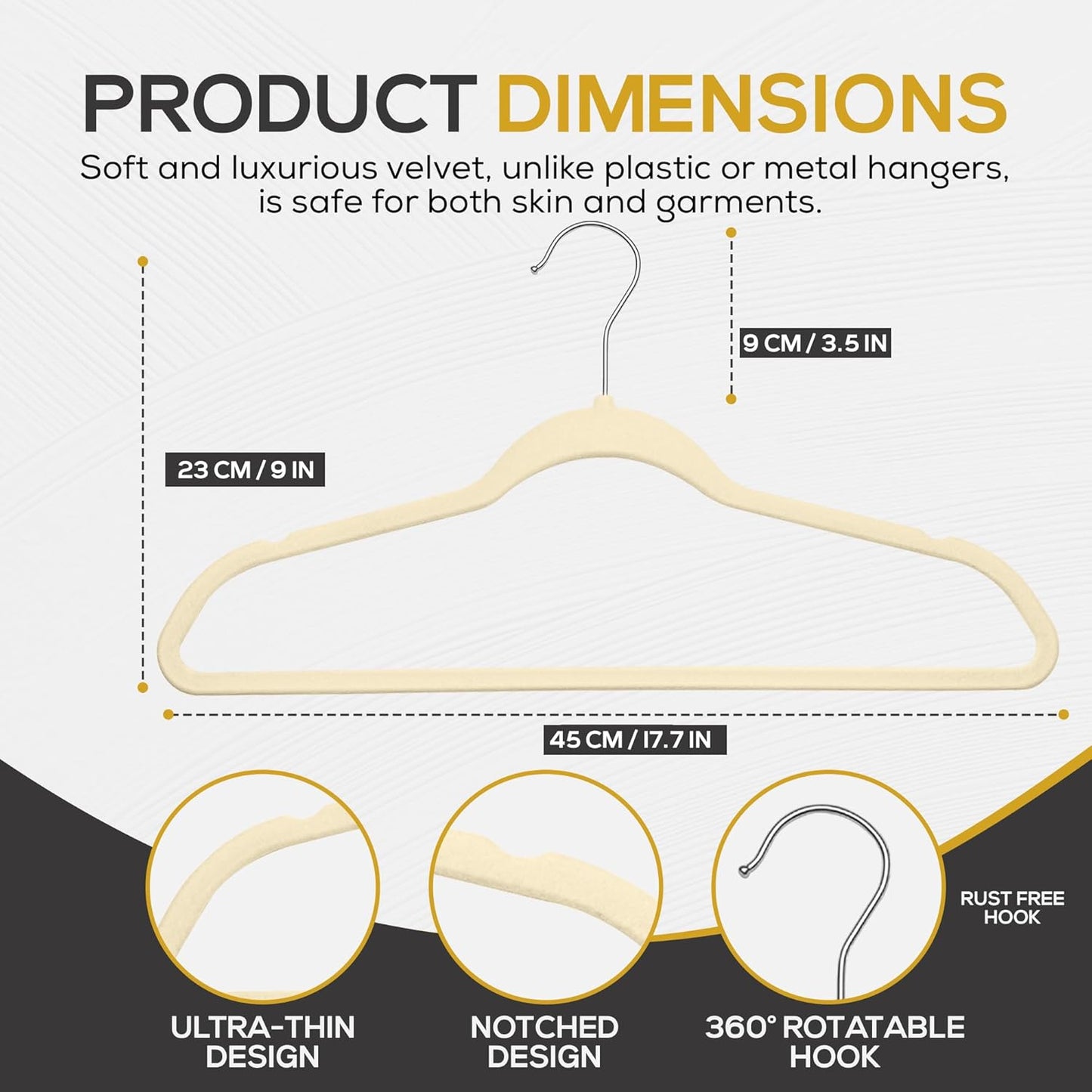 50 Pack New Premium Quality Velvet Hangers Ultra Thin Non Slip Adult Felt Space Saving Hangers for Closet Heavy Duty Coat Pants Jackets Dress Hangers 360° Swivel Hook Hold Upto 10 Lbs Ivory