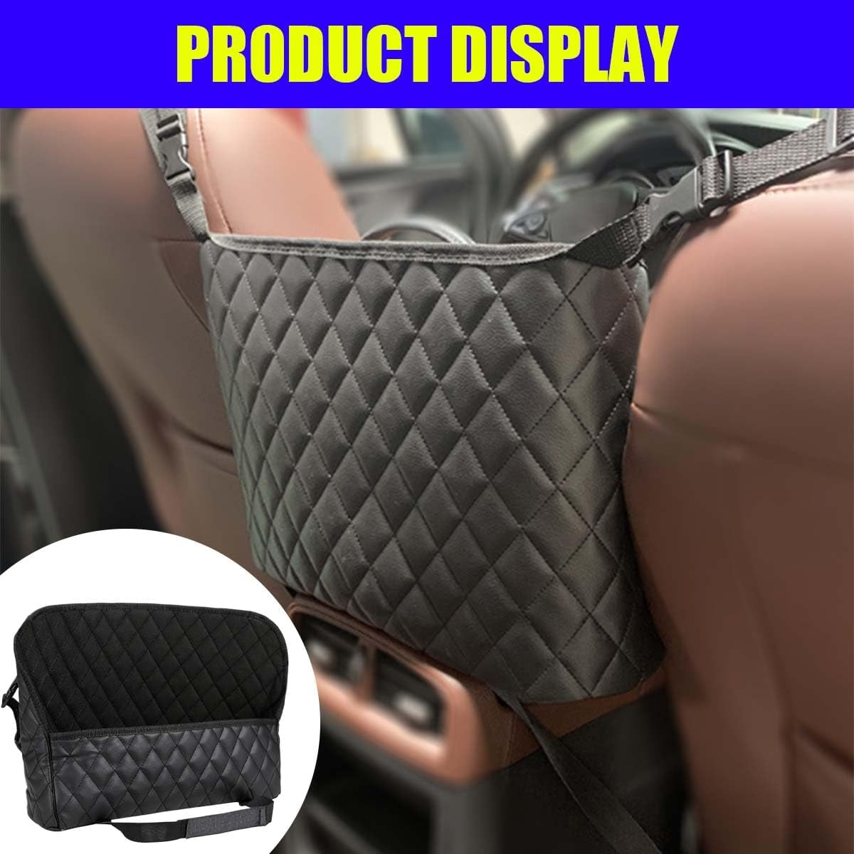 Car Net Pocket Handbag Holder between Seats, Large Capacity Storage Bag for Front Seats, Leather Car Organizer Backseat Barrier for Kids Pet, Handbag Organizer Pocket Car Console Purse Holder