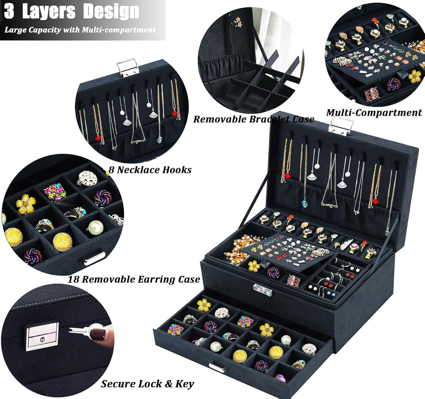 Jewelry Box for Women with Drawer, 3-Layer Large Jewelry Organizer with Lock & Key, 8 Necklace Hooks & 56 Earring Holes, Black Velvet Jewelry Storage Box for Necklaces Earrings Rings Bracelets