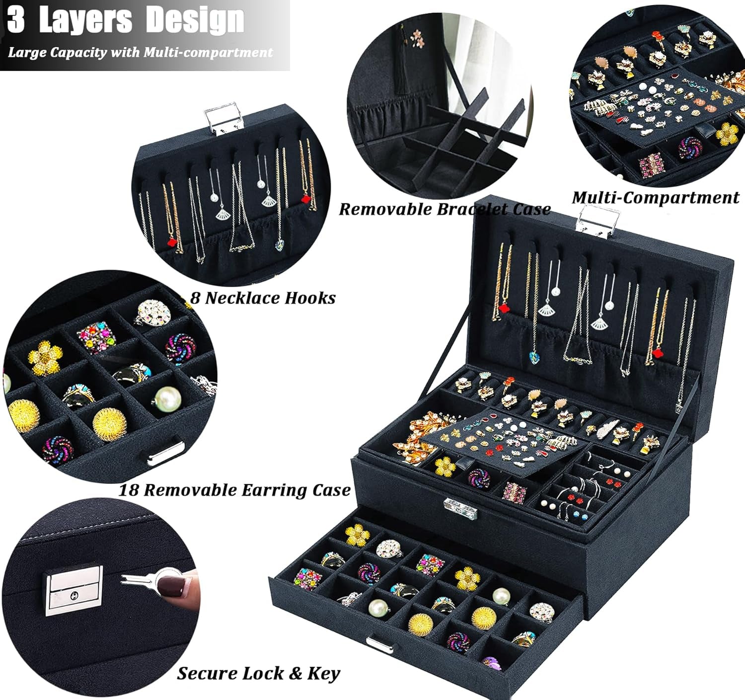 Jewelry Box for Women with Drawer, 3-Layer Large Jewelry Organizer with Lock & Key, 8 Necklace Hooks & 56 Earring Holes, Black Velvet Jewelry Storage Box for Necklaces Earrings Rings Bracelets