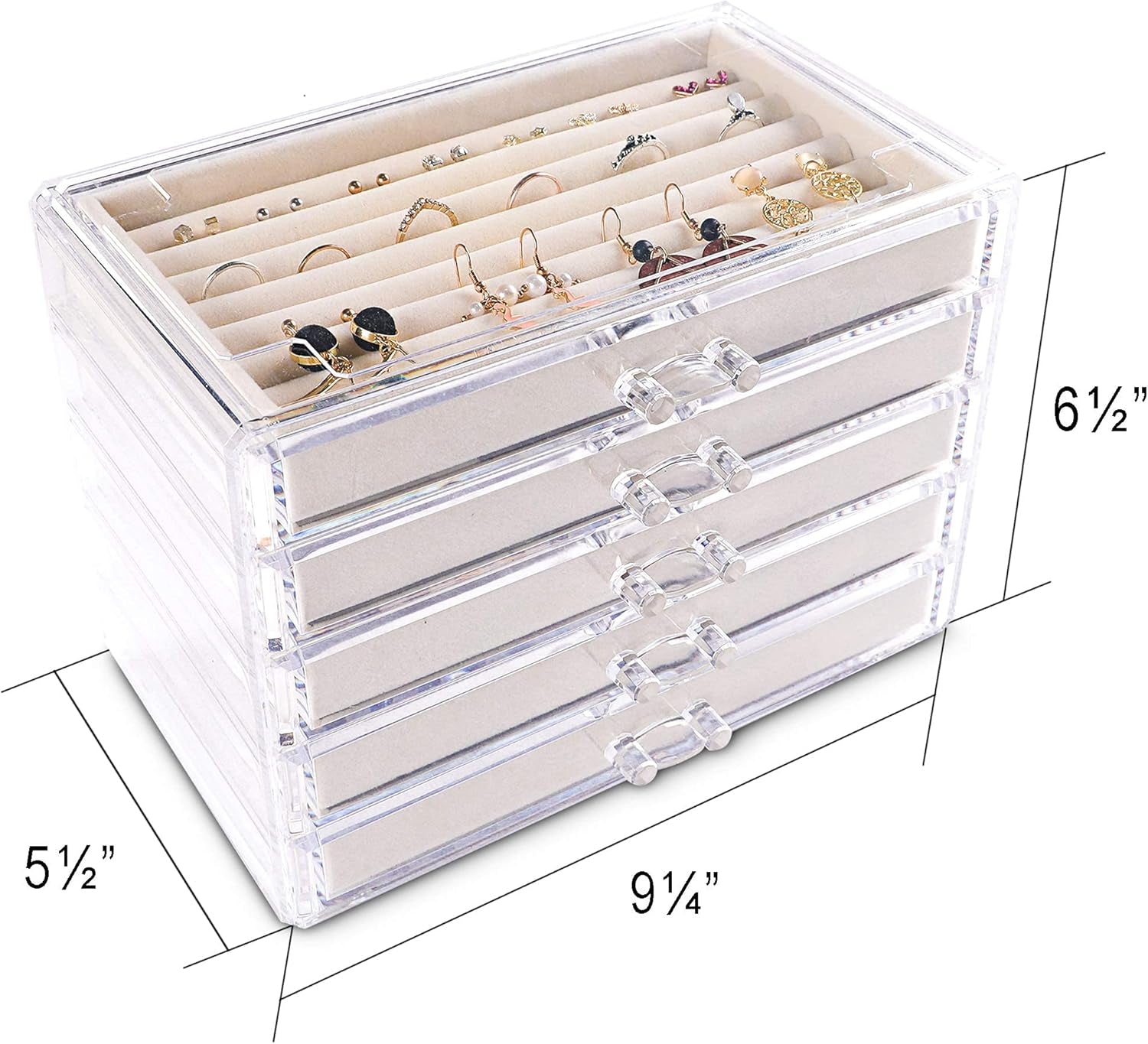 Extra Large Acrylic Jewelry Box for Women Girls 5 Layers Clear Velvet Earring Organizer with 5 Drawers Rings Display Case Necklaces Holder Tray (Beige)