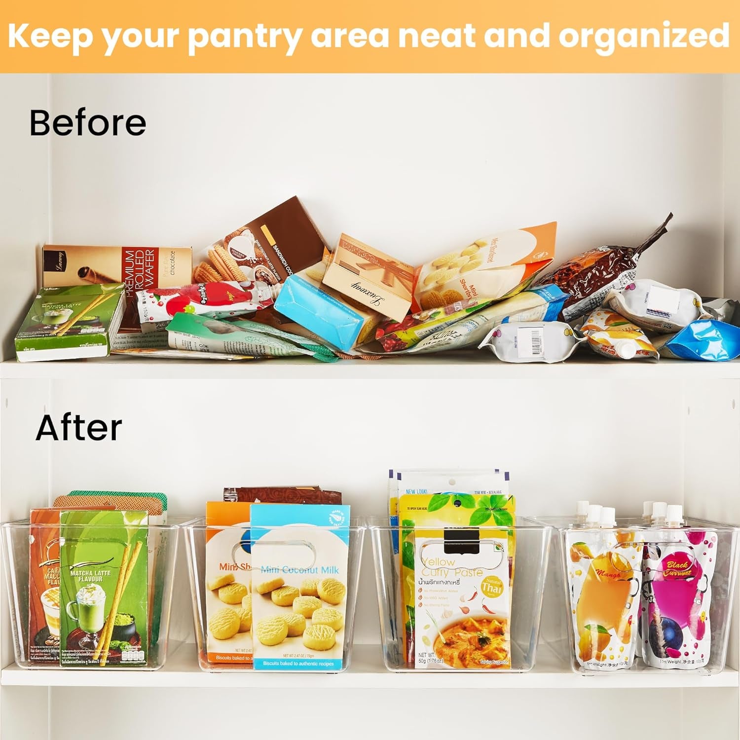 6 Pack Clear Pantry Organizer Bins, Plastic Containers with Handle for Kitchen,Freezer,Cabinet,Closet,Bathroom under Sink Storage