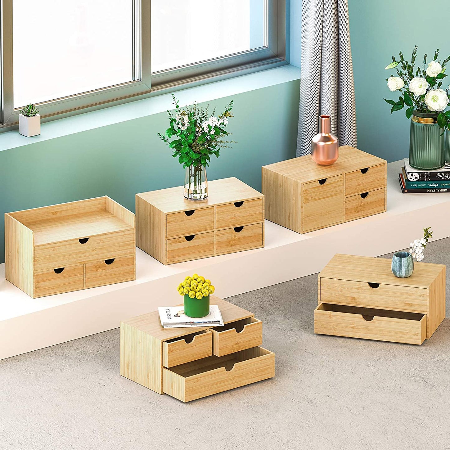 Bamboo Desk Drawer Organizer, Desktop Organizer with Drawers Tabletop Storage Organization Box for Office Home Toiletries Supplies Vanity, No Assembly Required(1 with Shelf-3 Drawers)