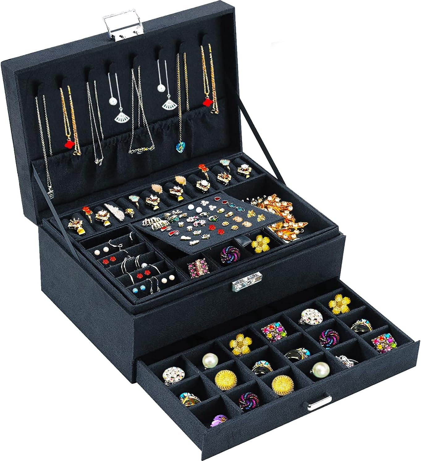 Jewelry Box for Women with Drawer, 3-Layer Large Jewelry Organizer with Lock & Key, 8 Necklace Hooks & 56 Earring Holes, Black Velvet Jewelry Storage Box for Necklaces Earrings Rings Bracelets