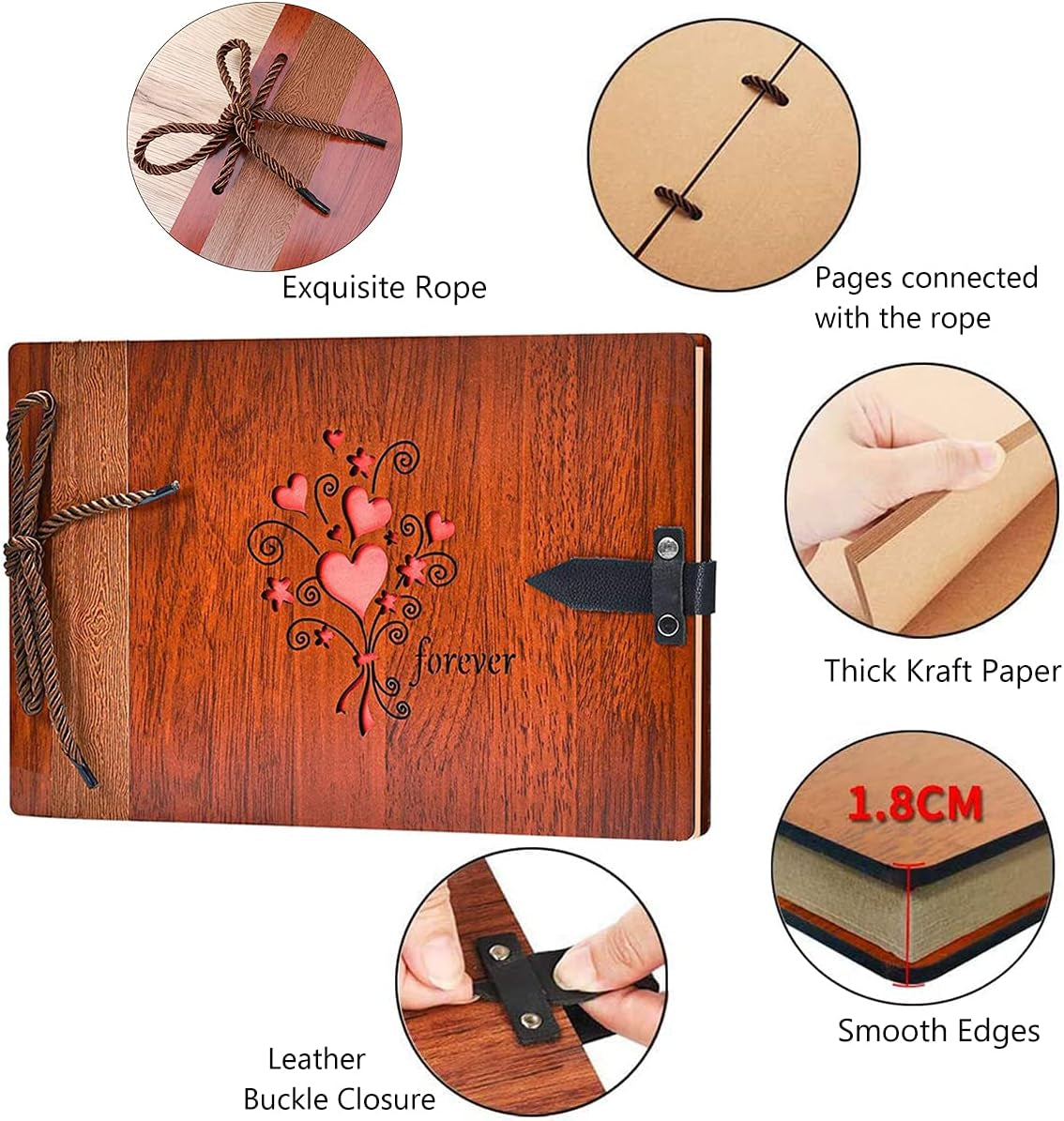 Wooden Photo Album Scrapbook DIY Photo Book Wedding Guest-Book 80 Pages Memory Book Birthday Anniversary Valentine'S Gift for Wife Girlfriend Mother (Forever)