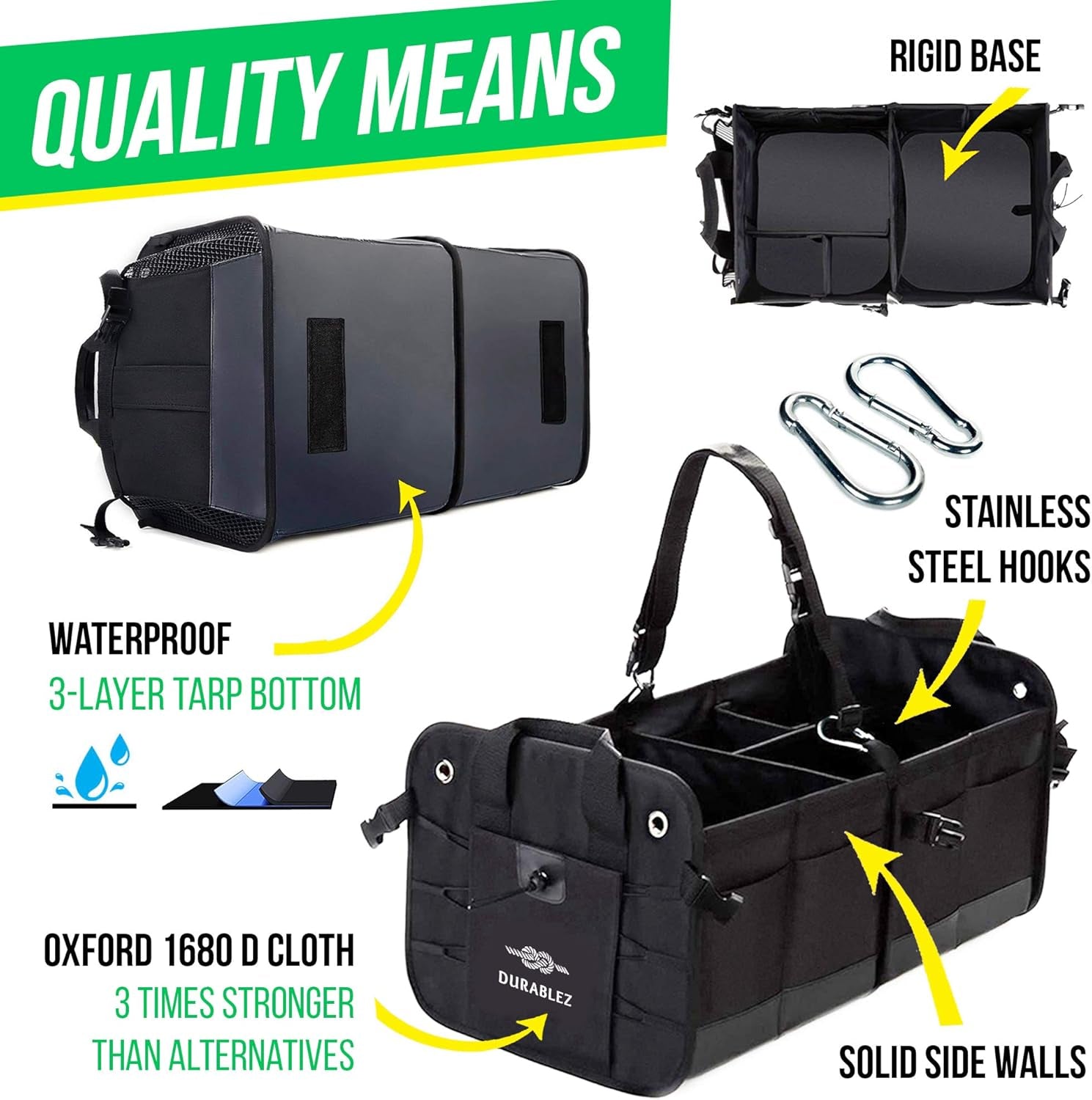 3-Section Car Trunk Organizer XL – Large Modular Auto Storage Bin, Foldable Multi-Compartment Cargo Organizer for Car Trunk, Heavy Duty 1680D Design – Black