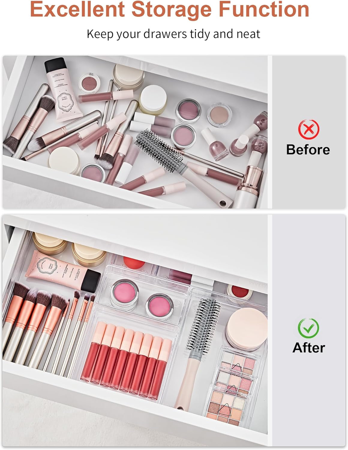 20-Piece Drawer Organizer with Non-Slip Silicone Pads, 7-Size Desk Drawer Organizer Trays Storage Tray for Makeup, Jewelries, Utensils in Bedroom Dresser, Office and Kitchen (Clear)