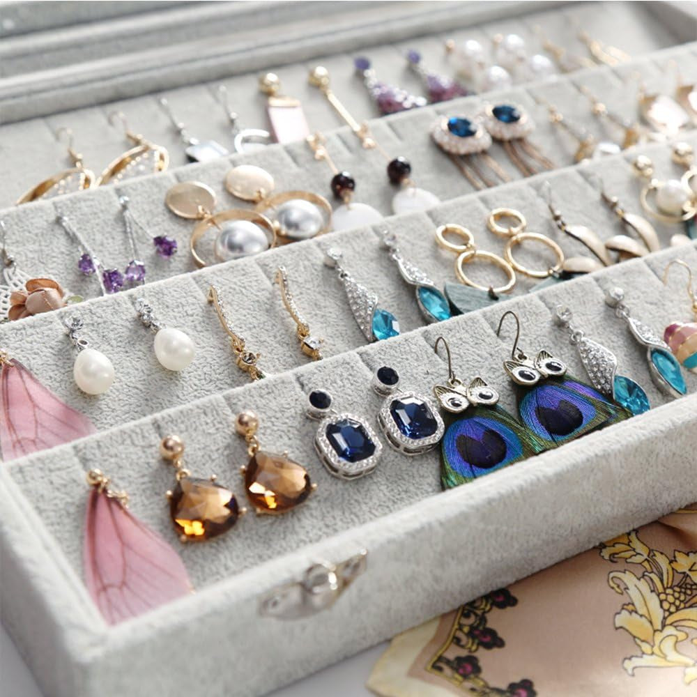 Velvet Jewelry Organizer Clear Lid Earring Holder Organizer 32 Pairs Earrings Storage Stud Tray Showcase Display Case（Earring Storage）