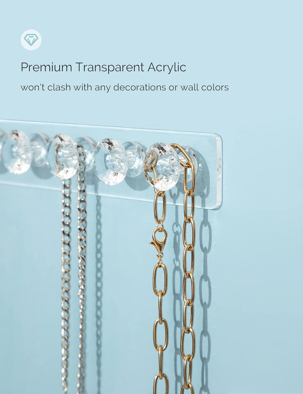 4 Pack Acrylic Necklaces Holder Hanging Jewelry Organizer Wall Mounted Necklace Hangers with 12 Hooks, Clear Jewelry Hangers for Necklace Organizer for Girls Women, Necklace Storage Organizer