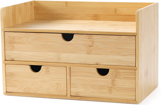 Bamboo Desk Drawer Organizer, Desktop Organizer with Drawers Tabletop Storage Organization Box for Office Home Toiletries Supplies Vanity, No Assembly Required(1 with Shelf-3 Drawers)