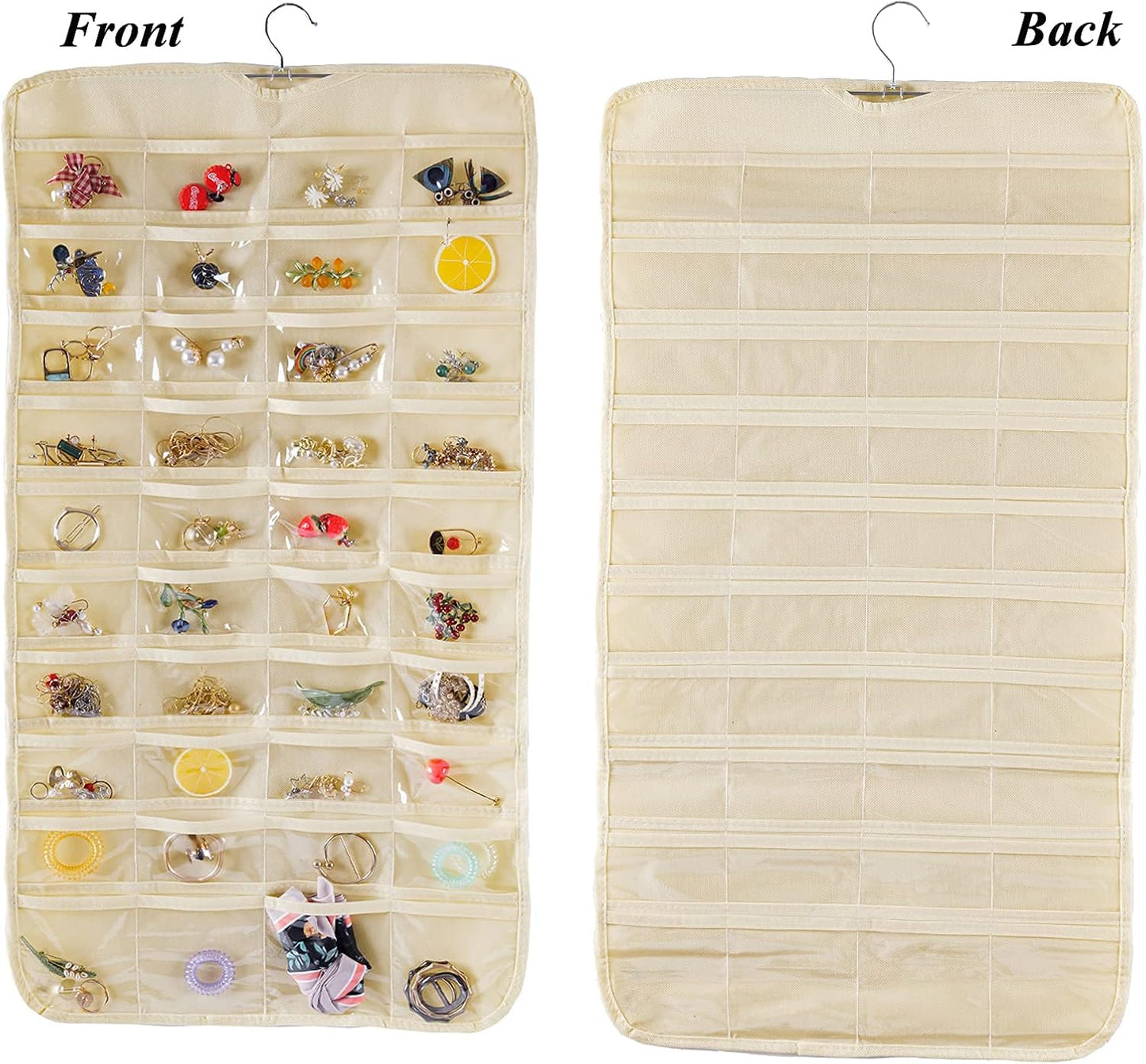 Hanging Jewelry Organizer, Double Sided 80 Pocket Chain Storage Bag - Modern Beige