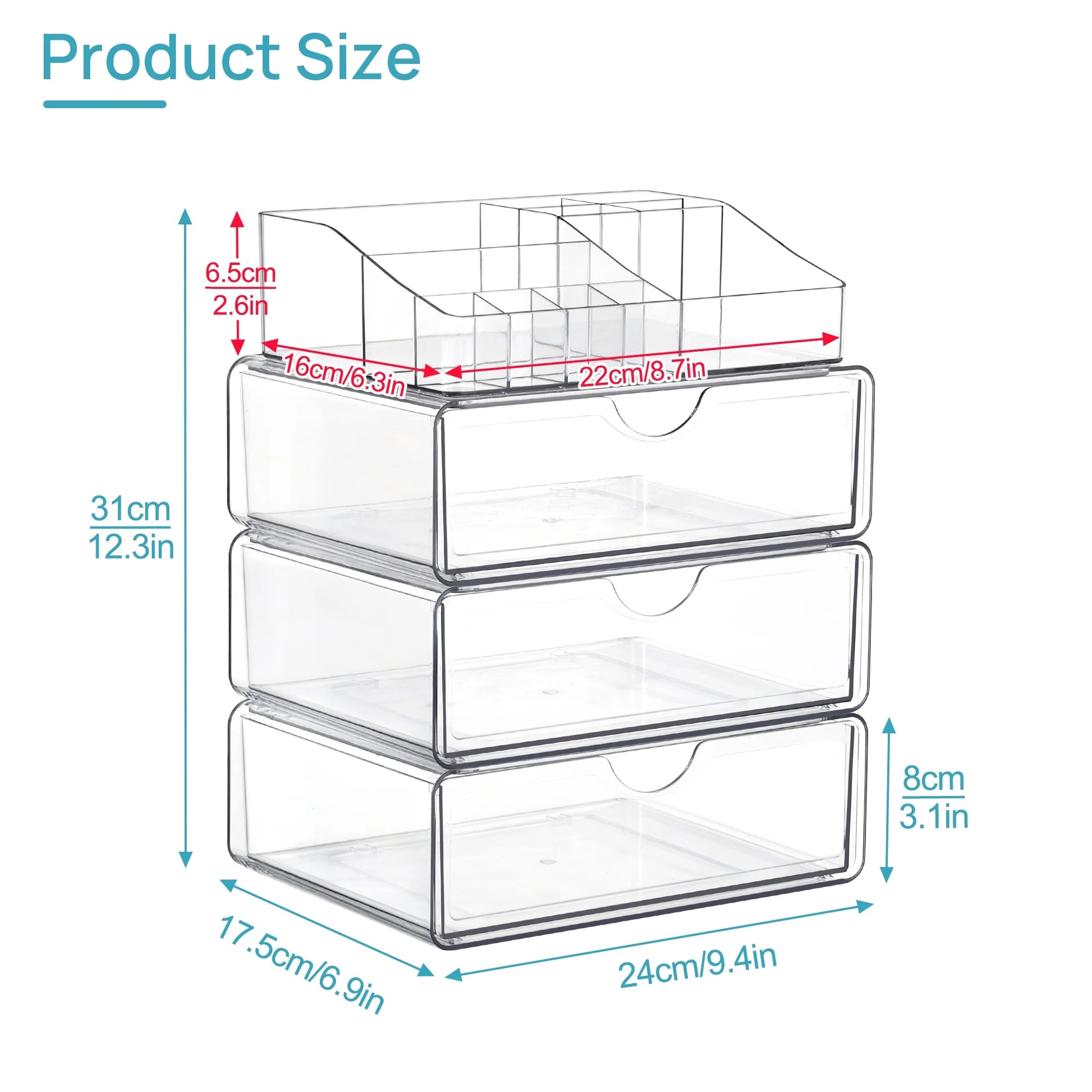 4 Tier Clear Makeup Organizer with Drawer, Plastic Cosmetic Storage, Beauty Holder