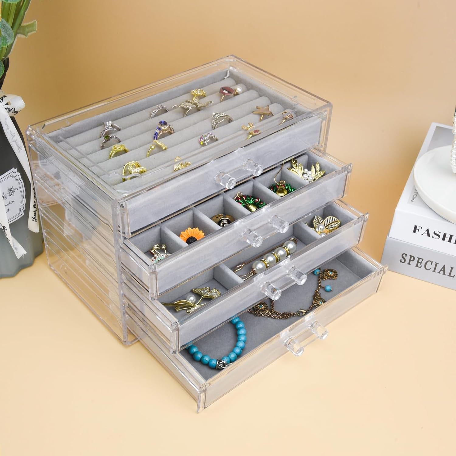 Acrylic Jewelry Organizer, Clear Jewelry Box with 4 Drawers, Jewelry Case Storage for Women (Gray)