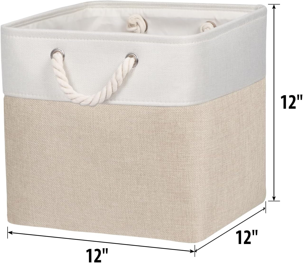 Fabric Storage Cubes 12 Inch Cube Storage Bins with Rope Handles, Storage Baskets Cubes Organizer for Home Shelf Closet (White&Beige Brown , 4-Pack)