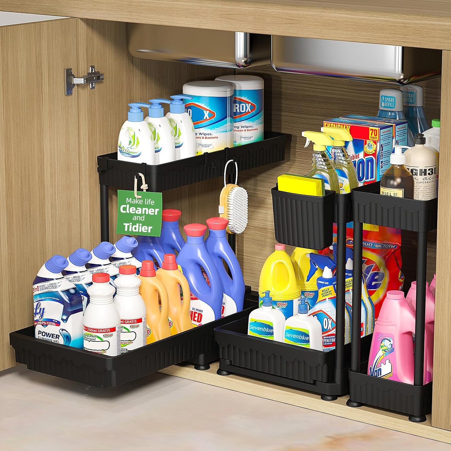3 Pack Multi-Purpose Pull-Out Storage Organizers, 2-Tier L-Shaped under Sink/Cabinet Organizers and Storage for Bathroom & Kitchen, Black, 12.8 Inches
