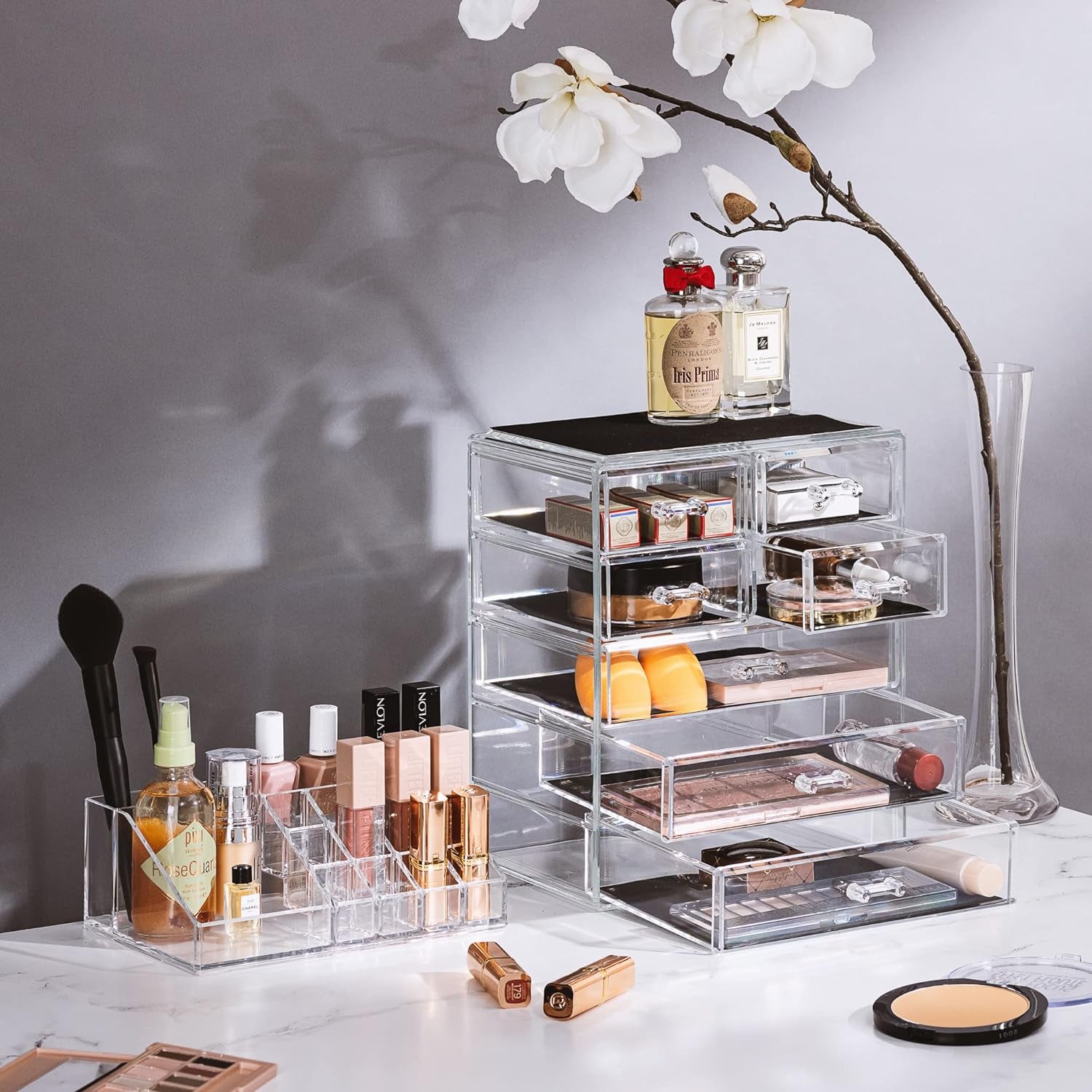 Acrylic Makeup Organizer Set, 7-Drawer Vanity & Countertop Cosmetic Storage with Small & Wide Compartments, Clear Makeup Storage for Brushes, Jewelry – Holiday Gift for Women & Teens