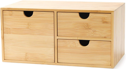 Bamboo Desk Drawer Organizer, Desktop Organizer with Drawers Tabletop Storage Organization Box for Office Home Toiletries Supplies Vanity, No Assembly Required(3 Drawers-Left Right)