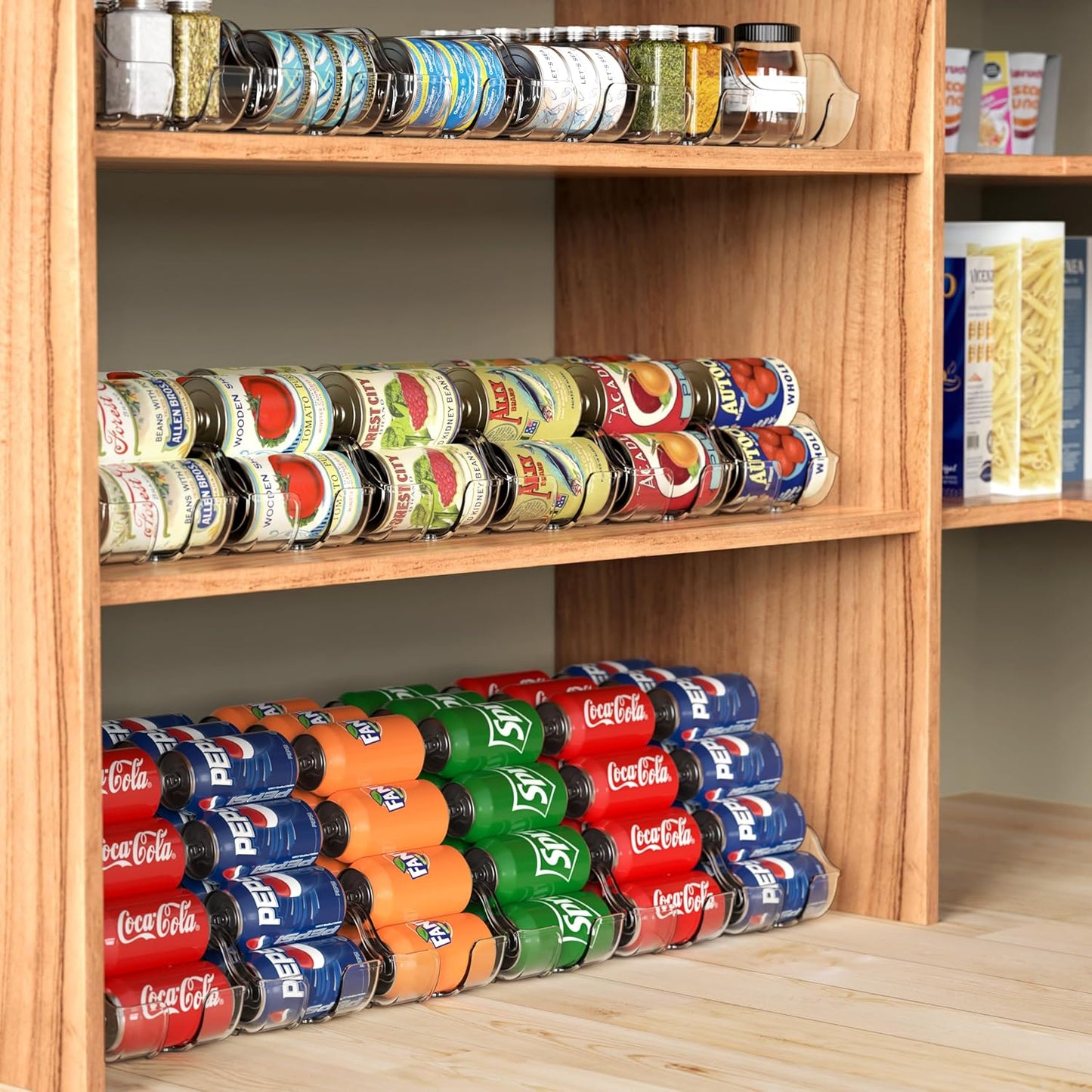 Soda Can Organizer and Dispenser for Refrigerator / Pantry, Clear, Set of 2