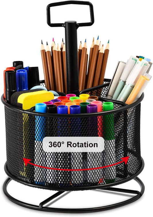 Mesh Desk Organizer, 360-Degree Rotating Multi-Functional Pen Holder, 4 Compartments Desktop Stationary Organizer, Home Office Art Supply Storage Box Caddy (Black)