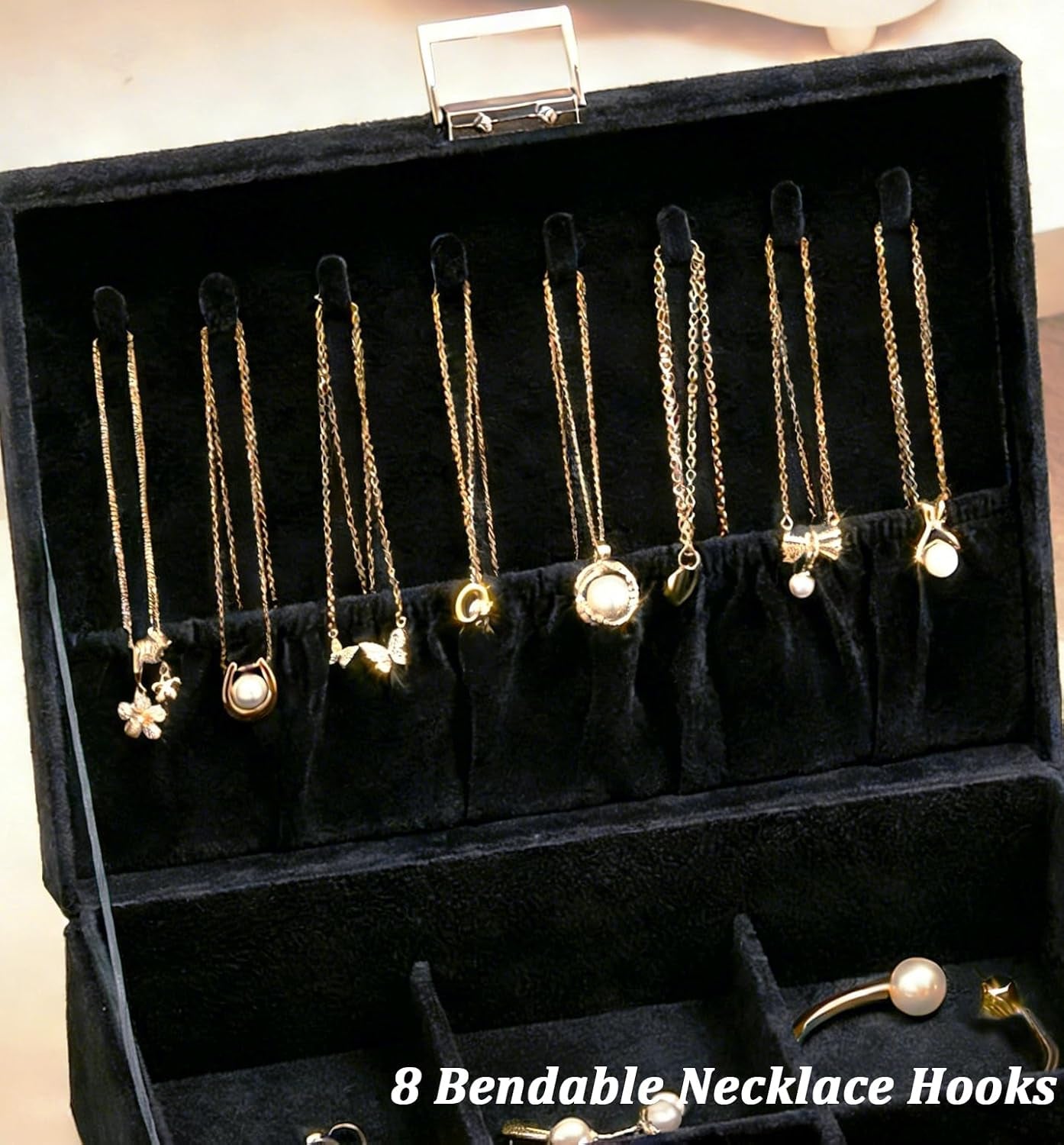 Jewelry Box for Women with Drawer, 3-Layer Large Jewelry Organizer with Lock & Key, 8 Necklace Hooks & 56 Earring Holes, Black Velvet Jewelry Storage Box for Necklaces Earrings Rings Bracelets