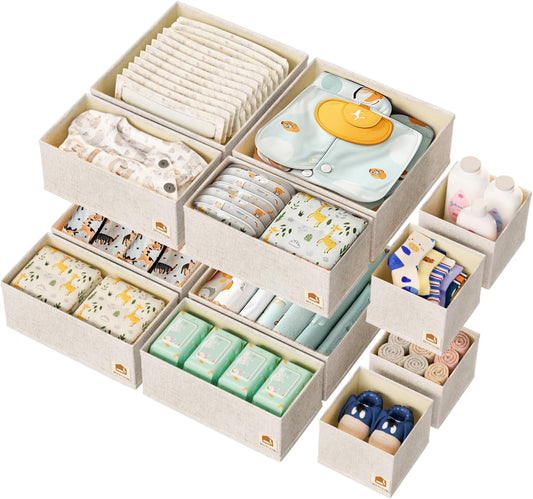 Linen Drawer Organizers for Nursery, Dresser & Closet (12-Pack) – Sturdy, Collapsible Nursery & Dresser Dividers for Baby Clothes, Socks, Underwear & Essentials – Multi-Size Set, Beige
