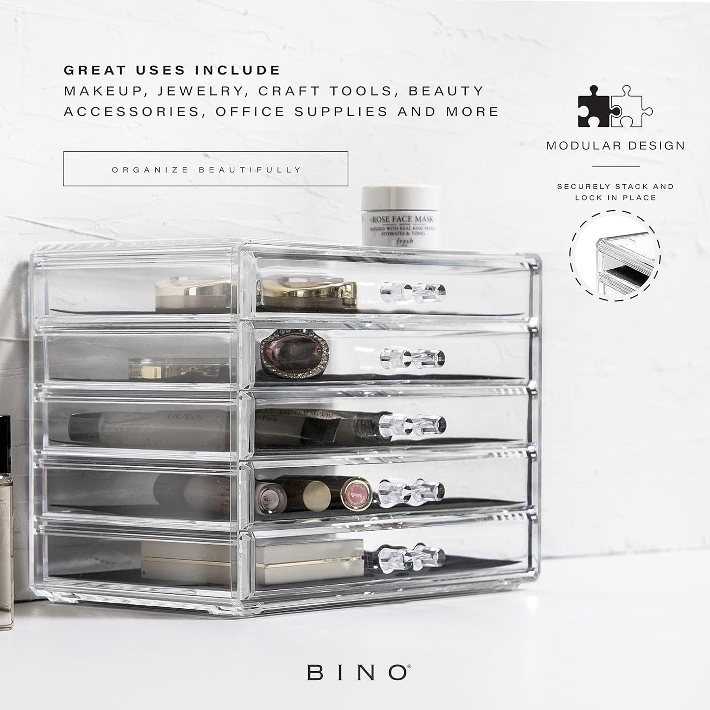 the MANHATTAN SERIES Acrylic Makeup Drawer Organizer- 5 Drawers | Clear Beauty Organizers and Storage| Cosmetic & Makeup Drawer| Home Organization| Jewelry & Vanity Accessories Drawers