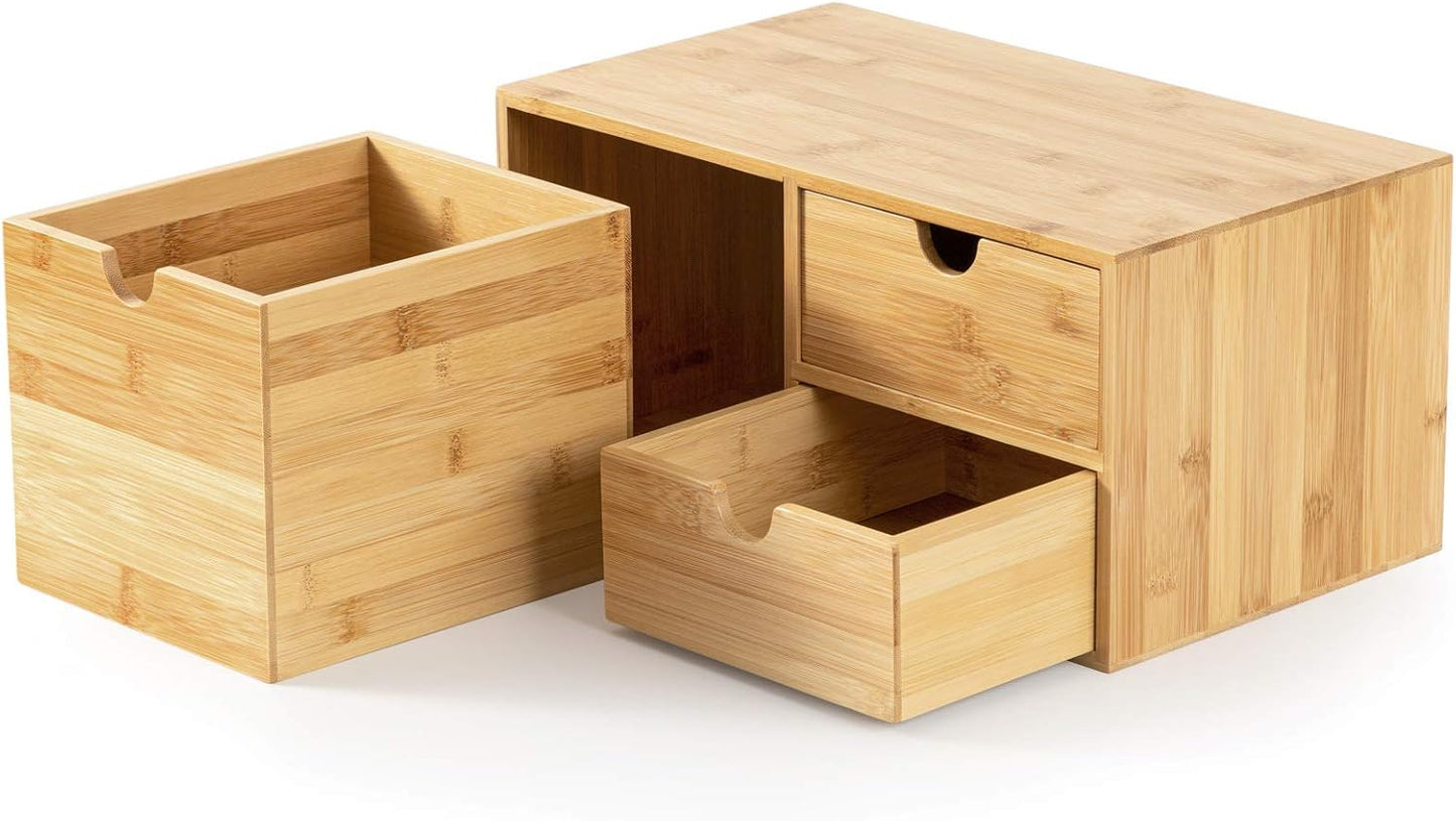 Bamboo Desk Drawer Organizer, Desktop Organizer with Drawers Tabletop Storage Organization Box for Office Home Toiletries Supplies Vanity, No Assembly Required(3 Drawers-Left Right)