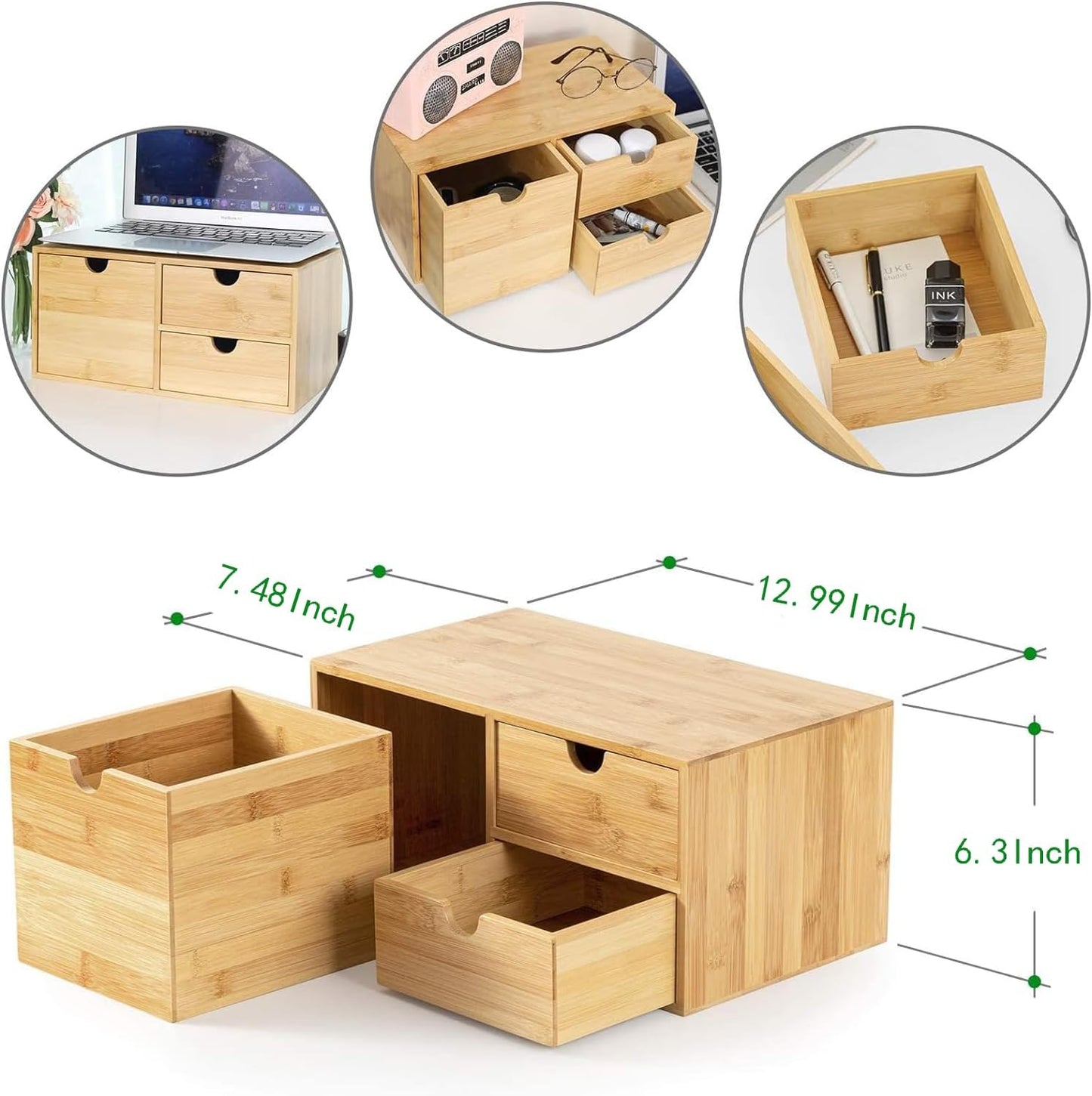 Bamboo Desk Drawer Organizer, Desktop Organizer with Drawers Tabletop Storage Organization Box for Office Home Toiletries Supplies Vanity, No Assembly Required(3 Drawers-Left Right)