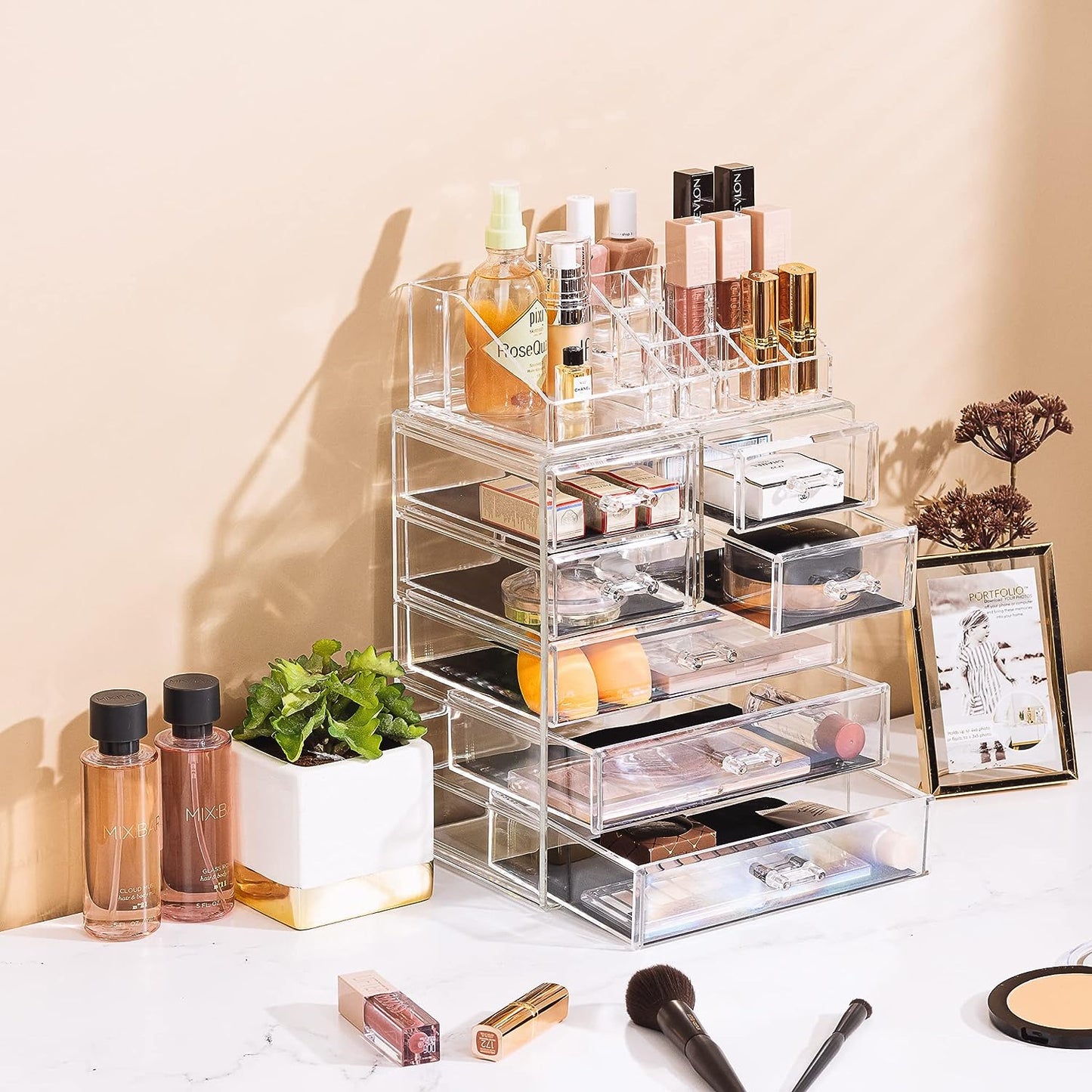 Acrylic Makeup Organizer Set, 7-Drawer Vanity & Countertop Cosmetic Storage with Small & Wide Compartments, Clear Makeup Storage for Brushes, Jewelry – Holiday Gift for Women & Teens