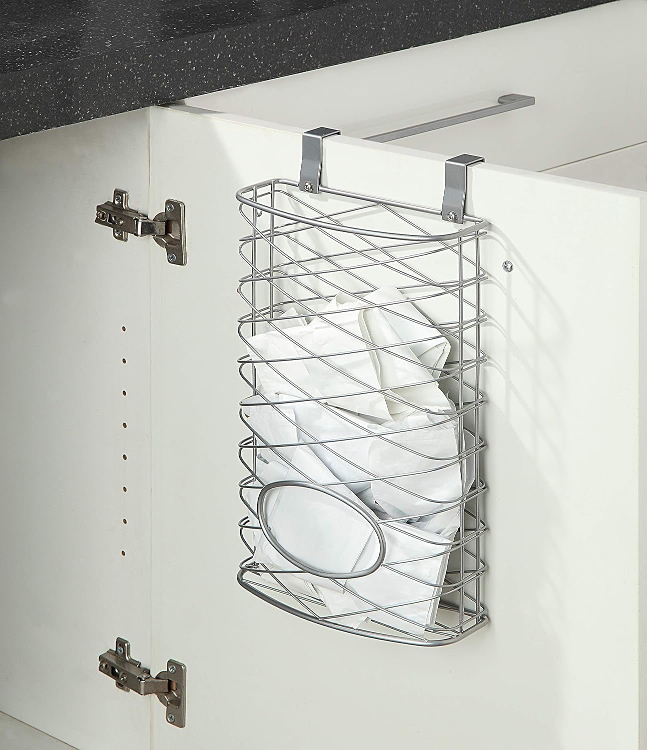 over Cabinet Kitchen Storage Organizer Holder or Basket - Hang over Cabinet Doors in Kitchen/Pantry - Holds up to 50 Plastic Shopping Bags (SILVER)