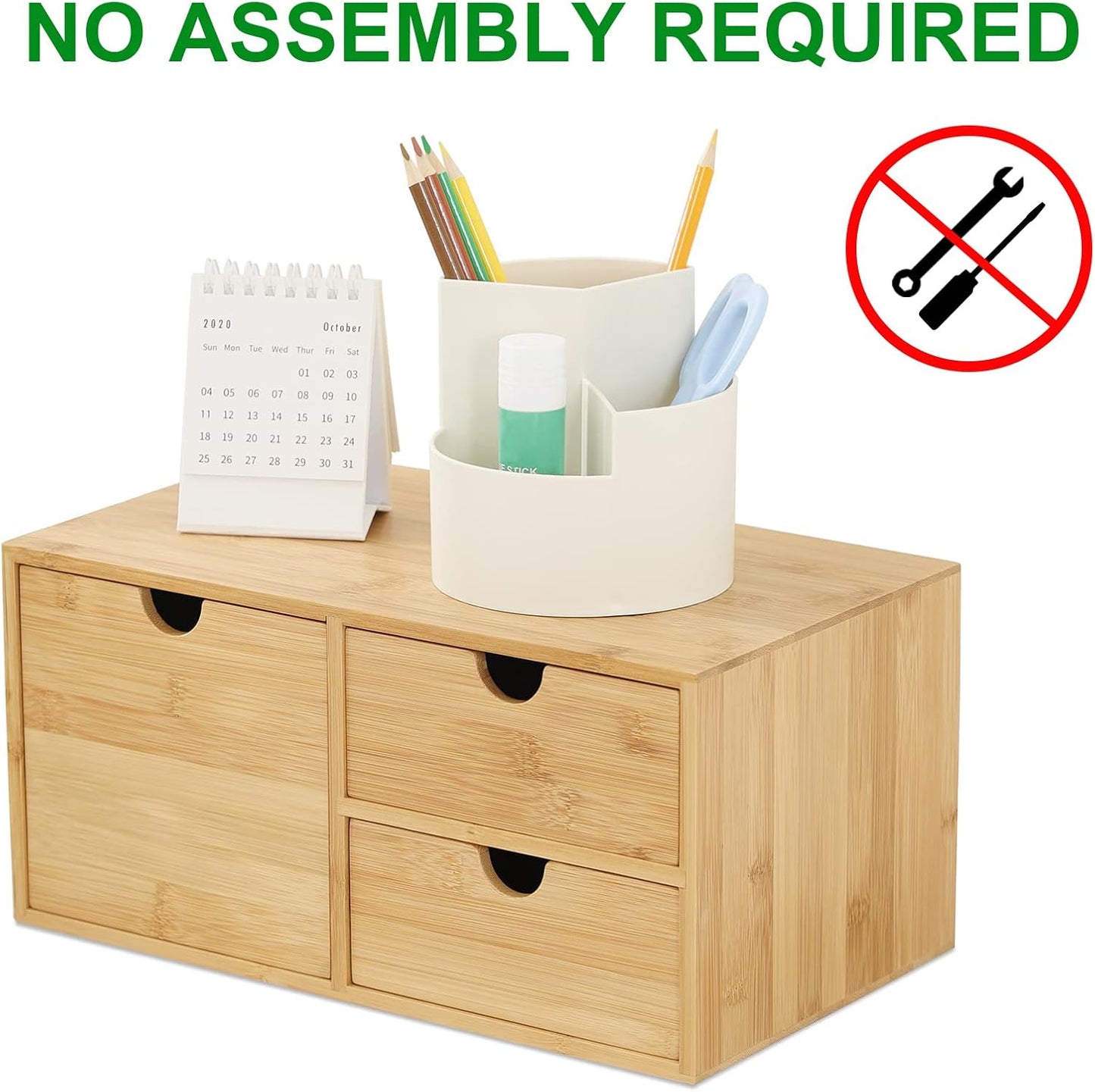 Bamboo Desk Drawer Organizer, Desktop Organizer with Drawers Tabletop Storage Organization Box for Office Home Toiletries Supplies Vanity, No Assembly Required(3 Drawers-Left Right)