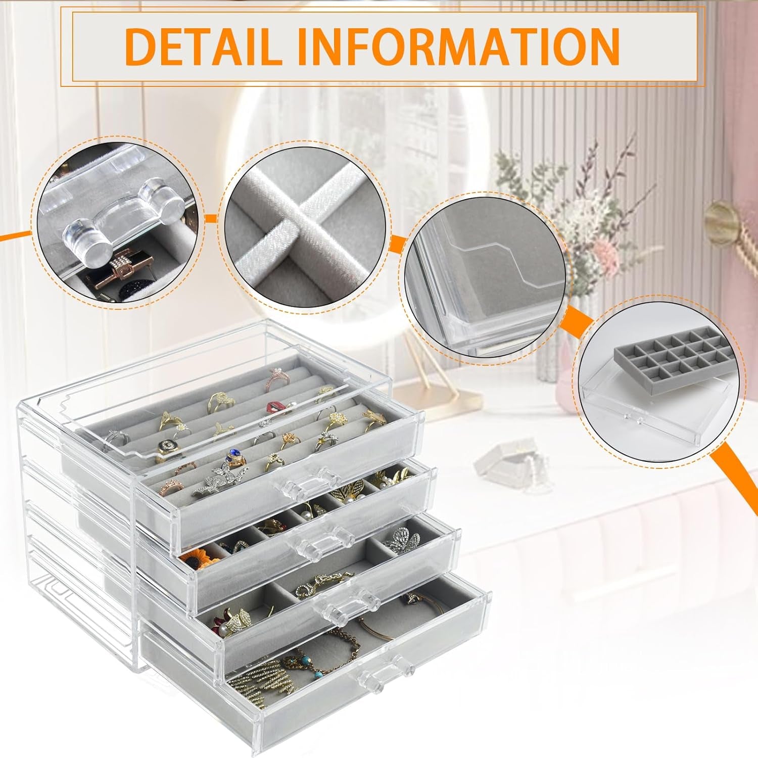 Acrylic Jewelry Organizer, Clear Jewelry Box with 4 Drawers, Jewelry Case Storage for Women (Gray)