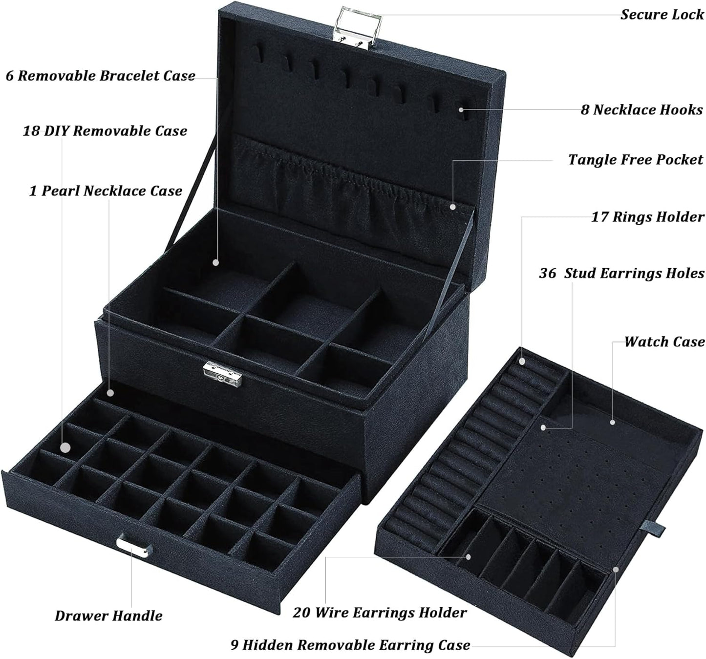 Jewelry Box for Women with Drawer, 3-Layer Large Jewelry Organizer with Lock & Key, 8 Necklace Hooks & 56 Earring Holes, Black Velvet Jewelry Storage Box for Necklaces Earrings Rings Bracelets