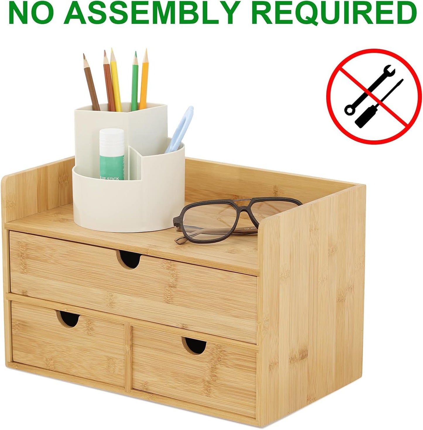 Bamboo Desk Drawer Organizer, Desktop Organizer with Drawers Tabletop Storage Organization Box for Office Home Toiletries Supplies Vanity, No Assembly Required(1 with Shelf-3 Drawers)