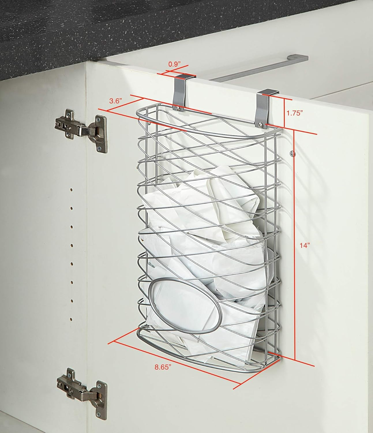 over Cabinet Kitchen Storage Organizer Holder or Basket - Hang over Cabinet Doors in Kitchen/Pantry - Holds up to 50 Plastic Shopping Bags (SILVER)