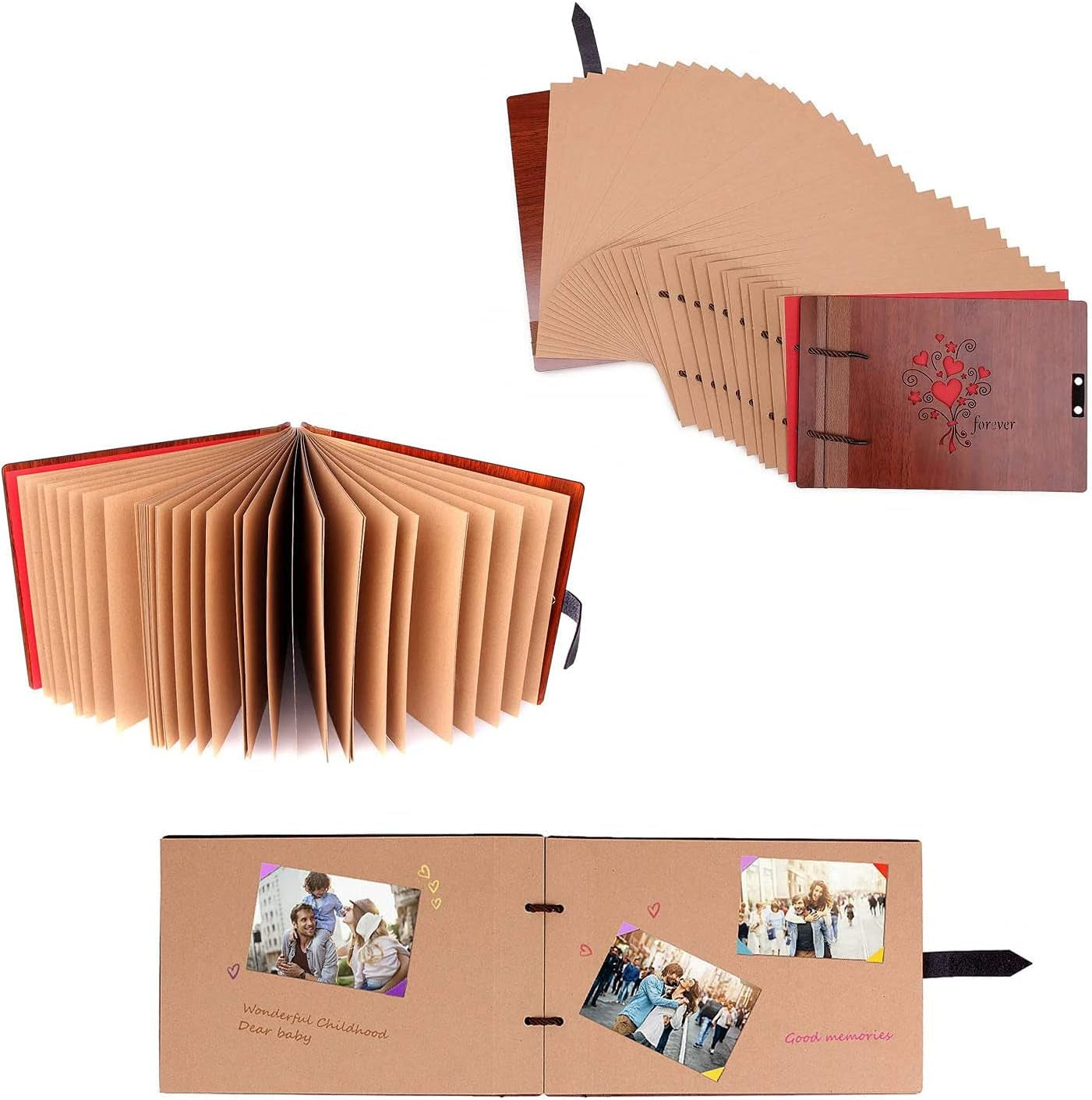 Wooden Photo Album Scrapbook DIY Photo Book Wedding Guest-Book 80 Pages Memory Book Birthday Anniversary Valentine'S Gift for Wife Girlfriend Mother (Forever)