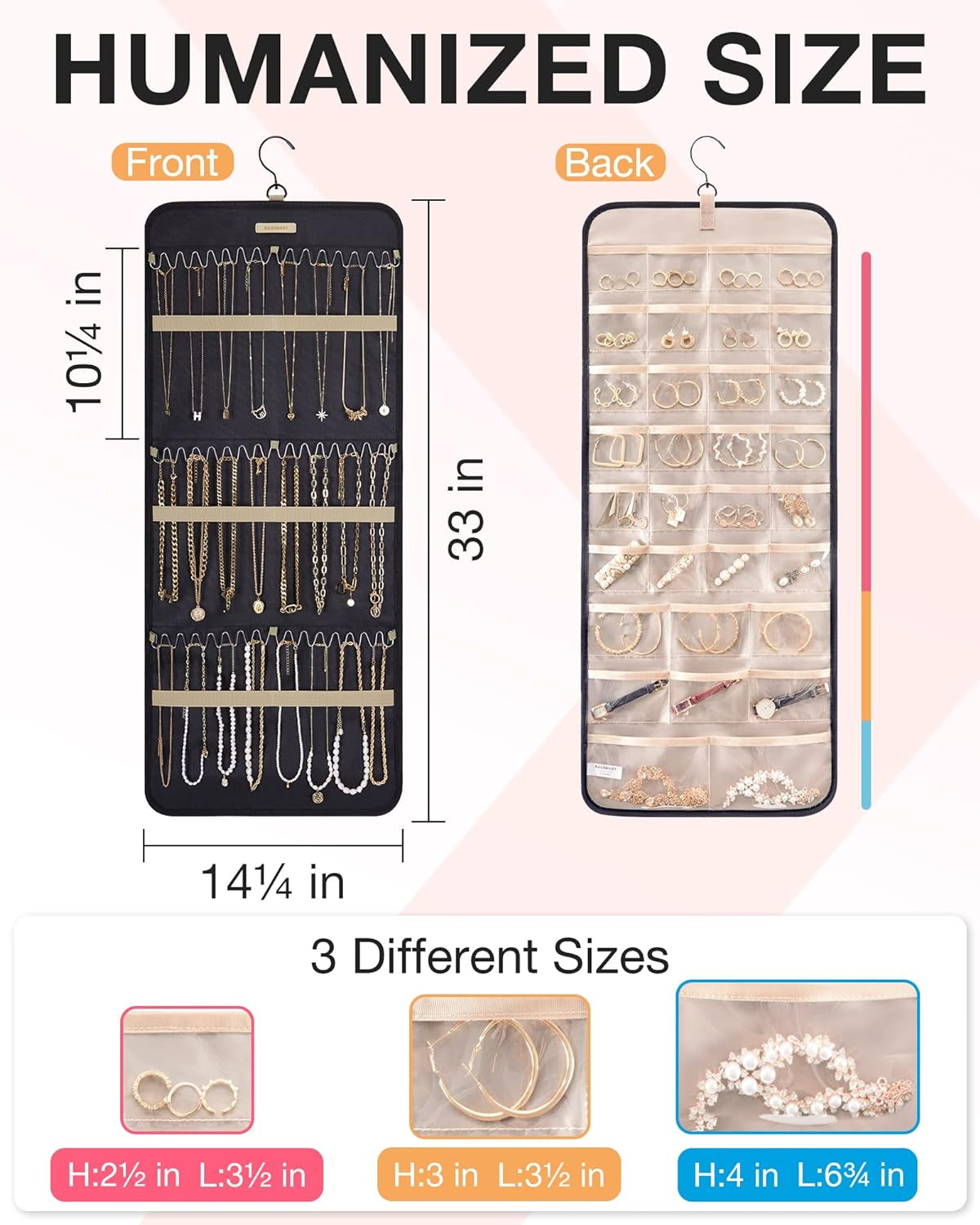 Hanging Jewelry Organizer Storage Roll with Hanger Metal Hooks Double-Sided Jewelry Holder for Earrings, Necklaces, Rings on Closet, Wall, Door, 1 Piece, Large, Black