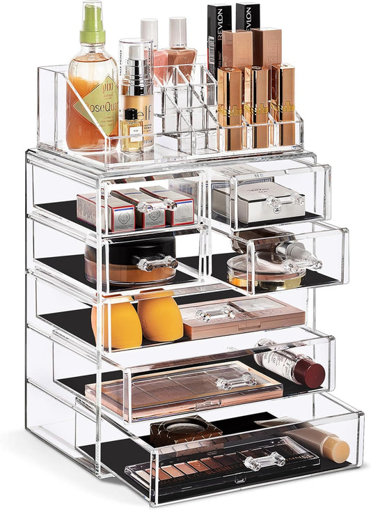 Acrylic Makeup Organizer Set, 7-Drawer Vanity & Countertop Cosmetic Storage with Small & Wide Compartments, Clear Makeup Storage for Brushes, Jewelry – Holiday Gift for Women & Teens