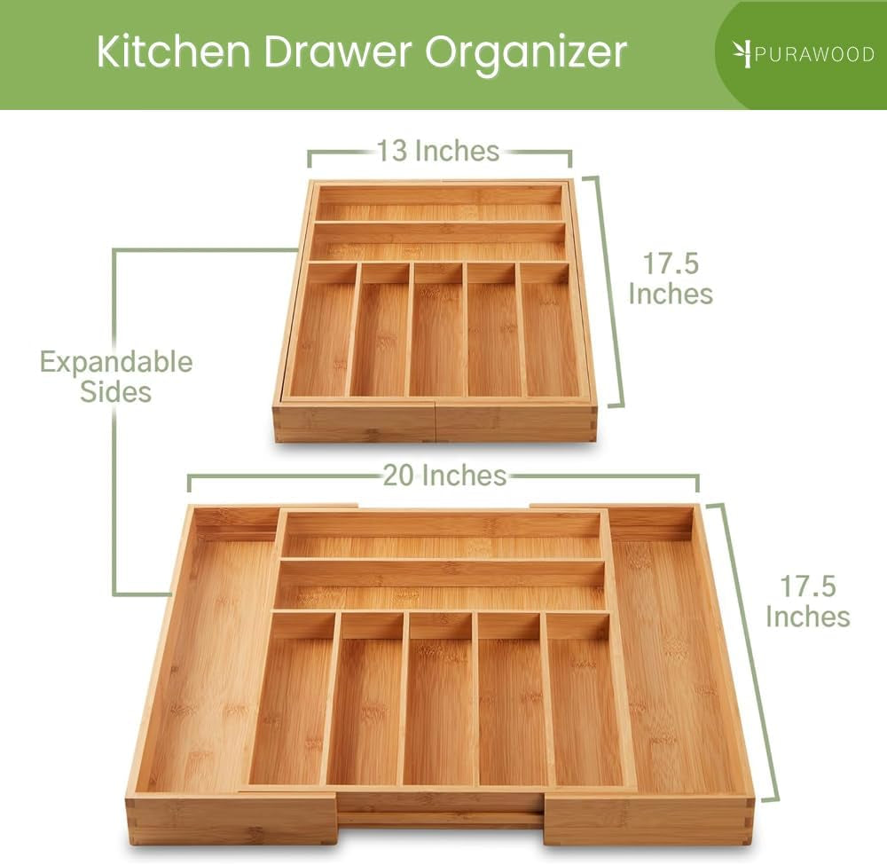 Bamboo Drawer Organizer - Expandable Silverware Organizer & Utensil Drawer Organizer, Cutlery Tray with Dividers, 7-9 Slots- Kitchen Organizer for Utensils & Flatware (Natural)