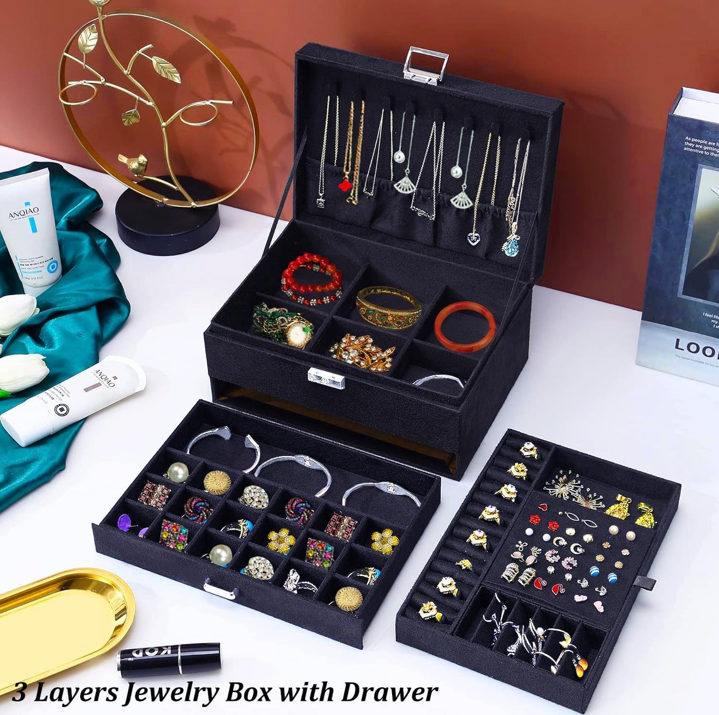 Jewelry Box for Women with Drawer, 3-Layer Large Jewelry Organizer with Lock & Key, 8 Necklace Hooks & 56 Earring Holes, Black Velvet Jewelry Storage Box for Necklaces Earrings Rings Bracelets