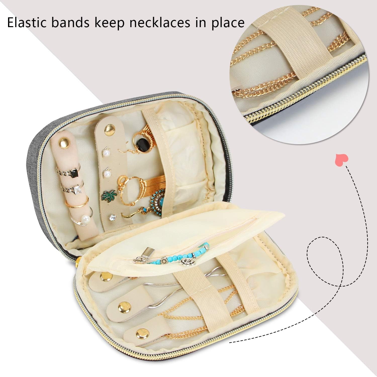 Small Jewelry Travel Case, Portable Jewelry Organizer Bag for Earrings, Necklace, Rings and More, Small, Gray-(Bag Only)