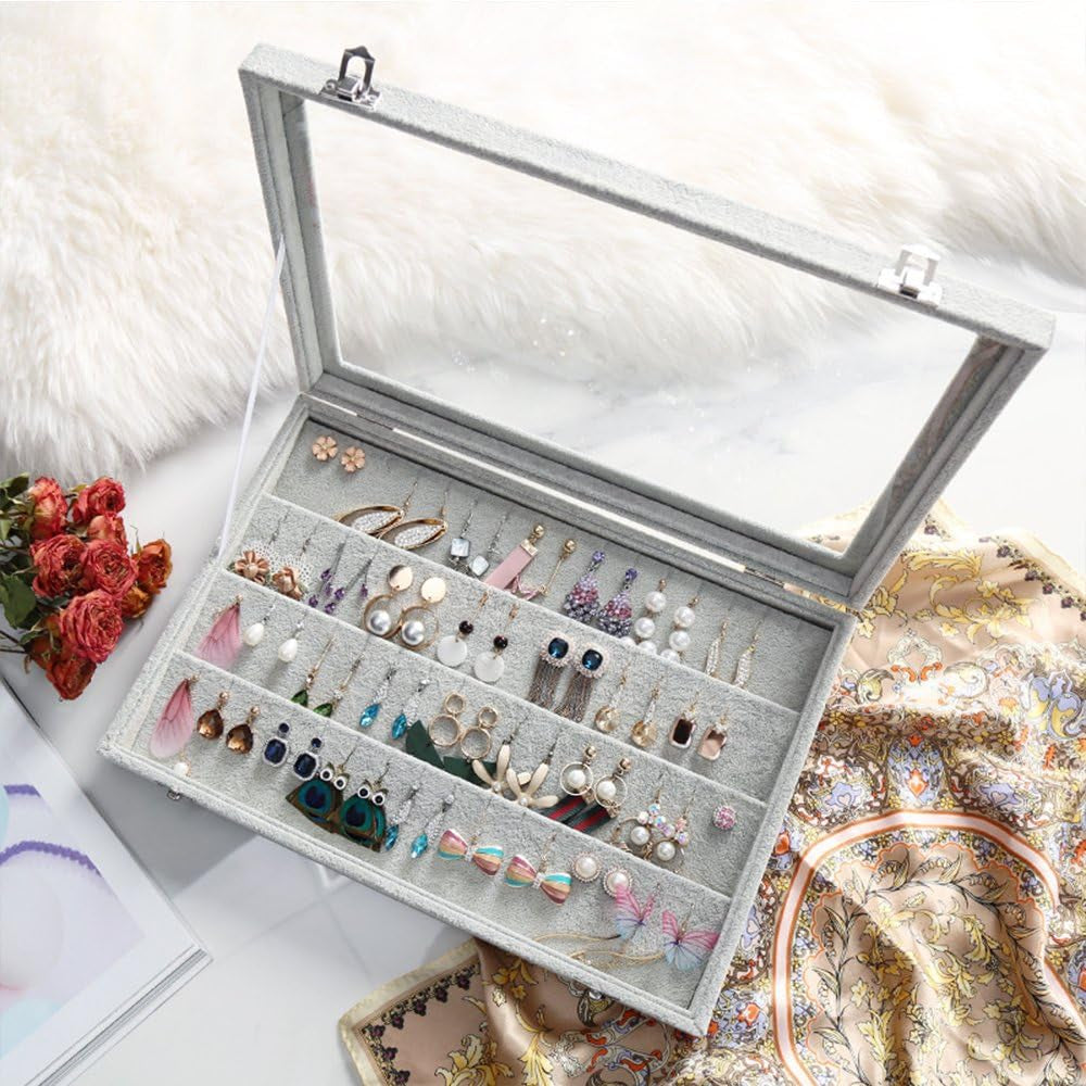 Velvet Jewelry Organizer Clear Lid Earring Holder Organizer 32 Pairs Earrings Storage Stud Tray Showcase Display Case（Earring Storage）