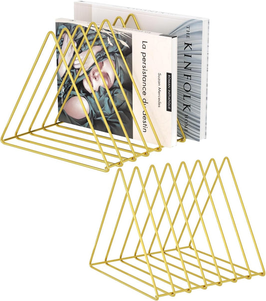 Triangle Desk Organizers Metal Wire Magazine Holder 7 Sections Decorative File Folder Organizer Vinyl Record Storage Office for Desk - Gold Magazine File Holder - Pack of 2