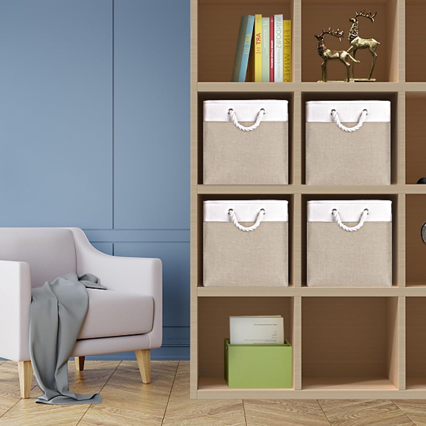Fabric Storage Cubes 12 Inch Cube Storage Bins with Rope Handles, Storage Baskets Cubes Organizer for Home Shelf Closet (White&Beige Brown , 4-Pack)