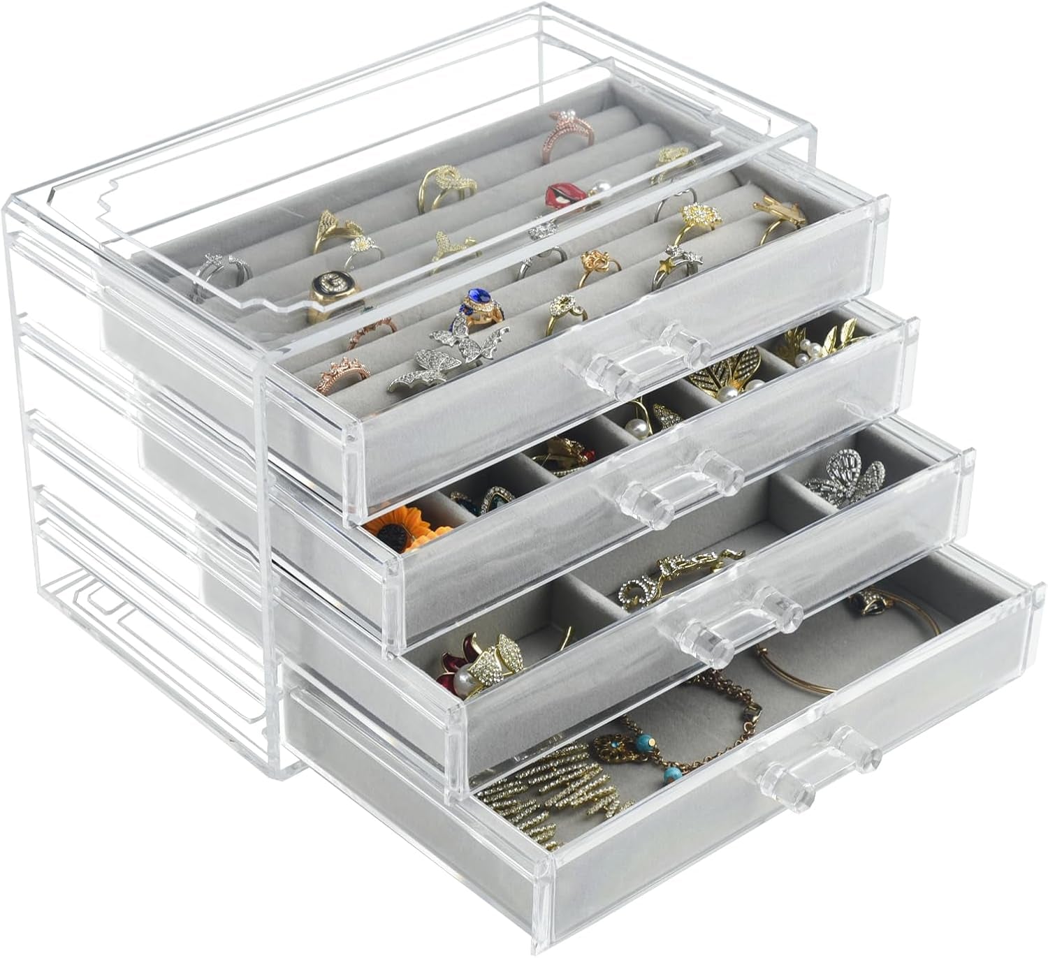 Acrylic Jewelry Organizer, Clear Jewelry Box with 4 Drawers, Jewelry Case Storage for Women (Gray)